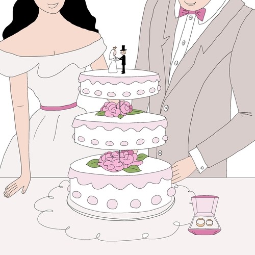 美しく装飾されたウエディングケーキの隣で幸せそうにポーズをとる新郎新婦。