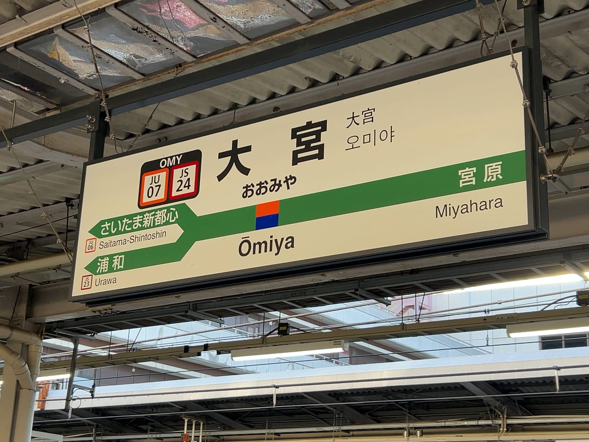 駅の案内板には、さいたま新都心と浦和行きのプラットホームの横に、日本語、韓国語、英語で大宮行きの案内が表示されている。周囲には駅の屋根構造が残されている。.