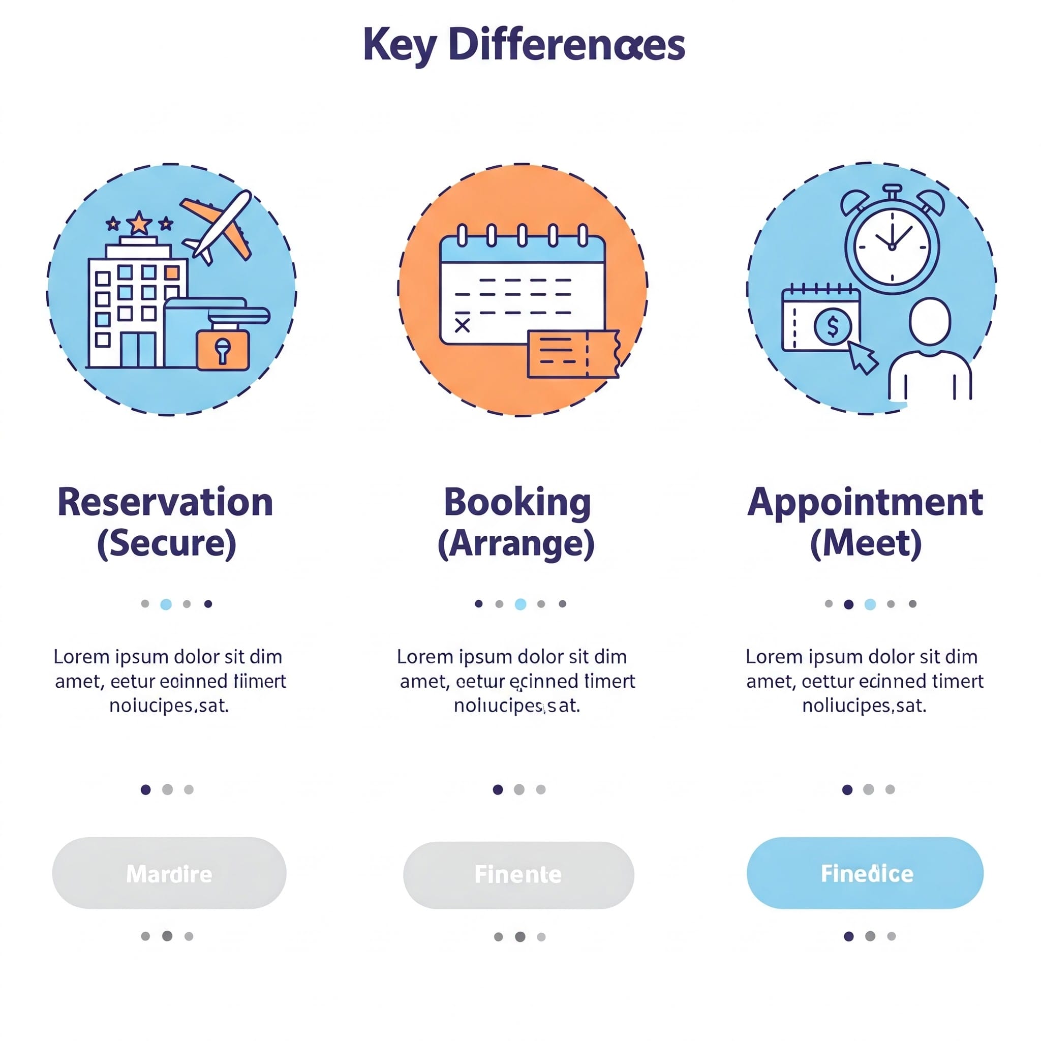 Reservation, Booking, Appointment と関連アイコンを並べた比較イラスト