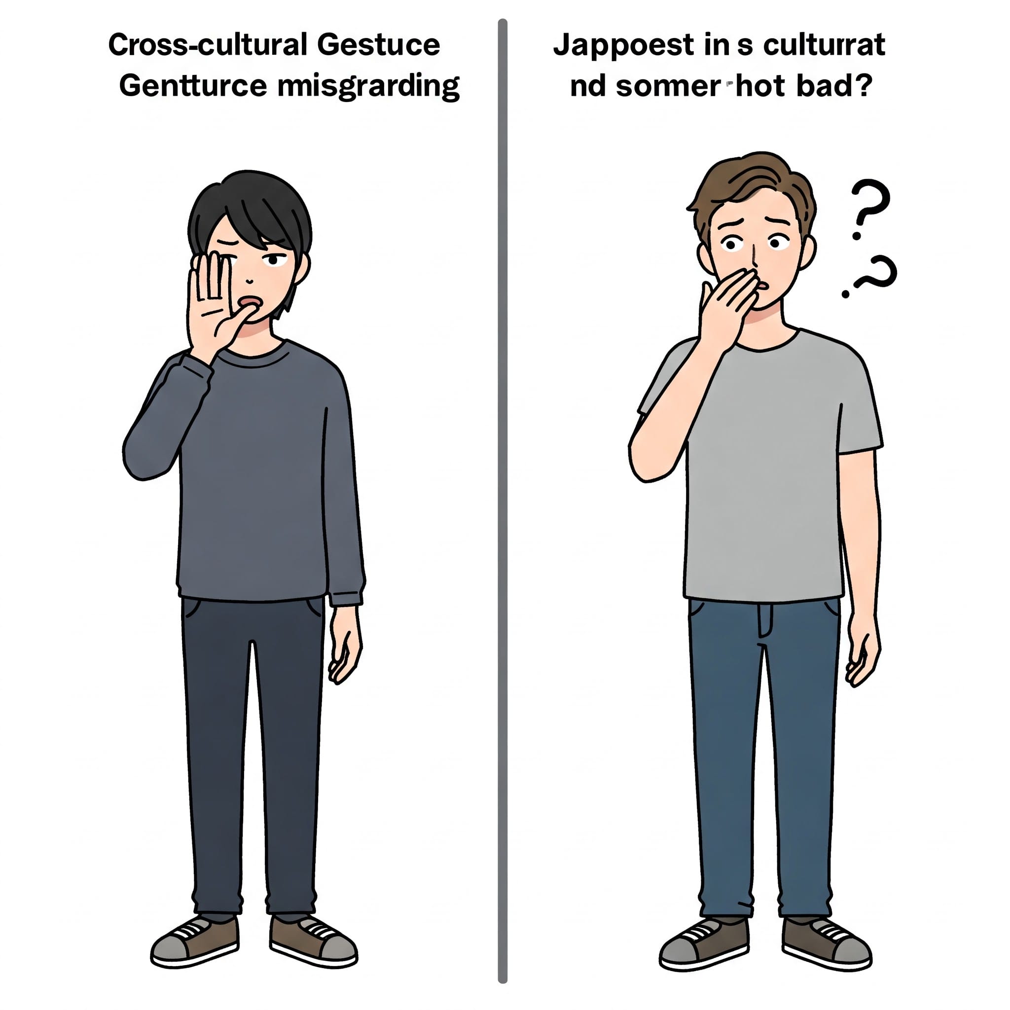 顔の前で手を振る日本人と困惑する外国人