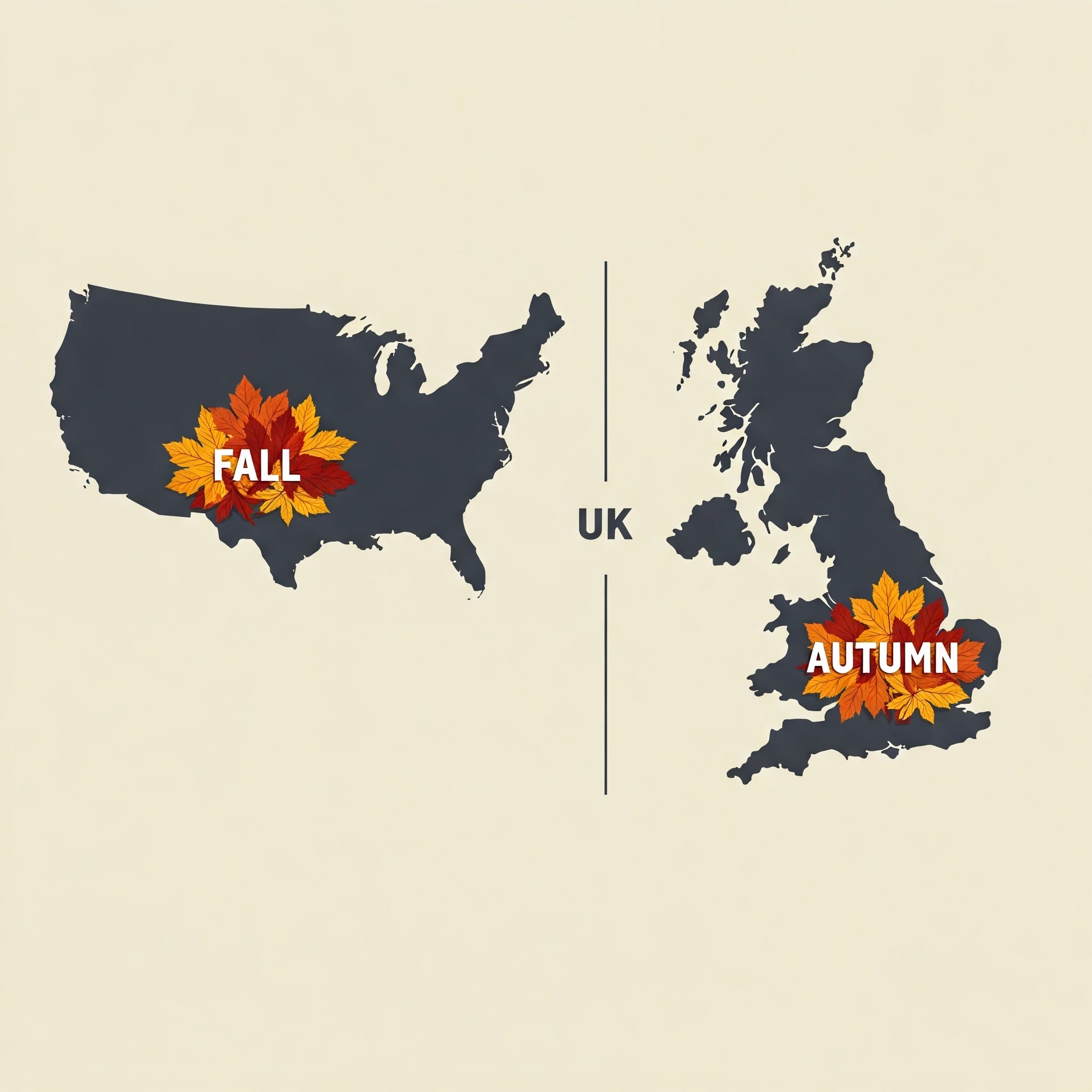 アメリカとイギリスの地図にFallとAutumnの文字と紅葉を配置したイラスト