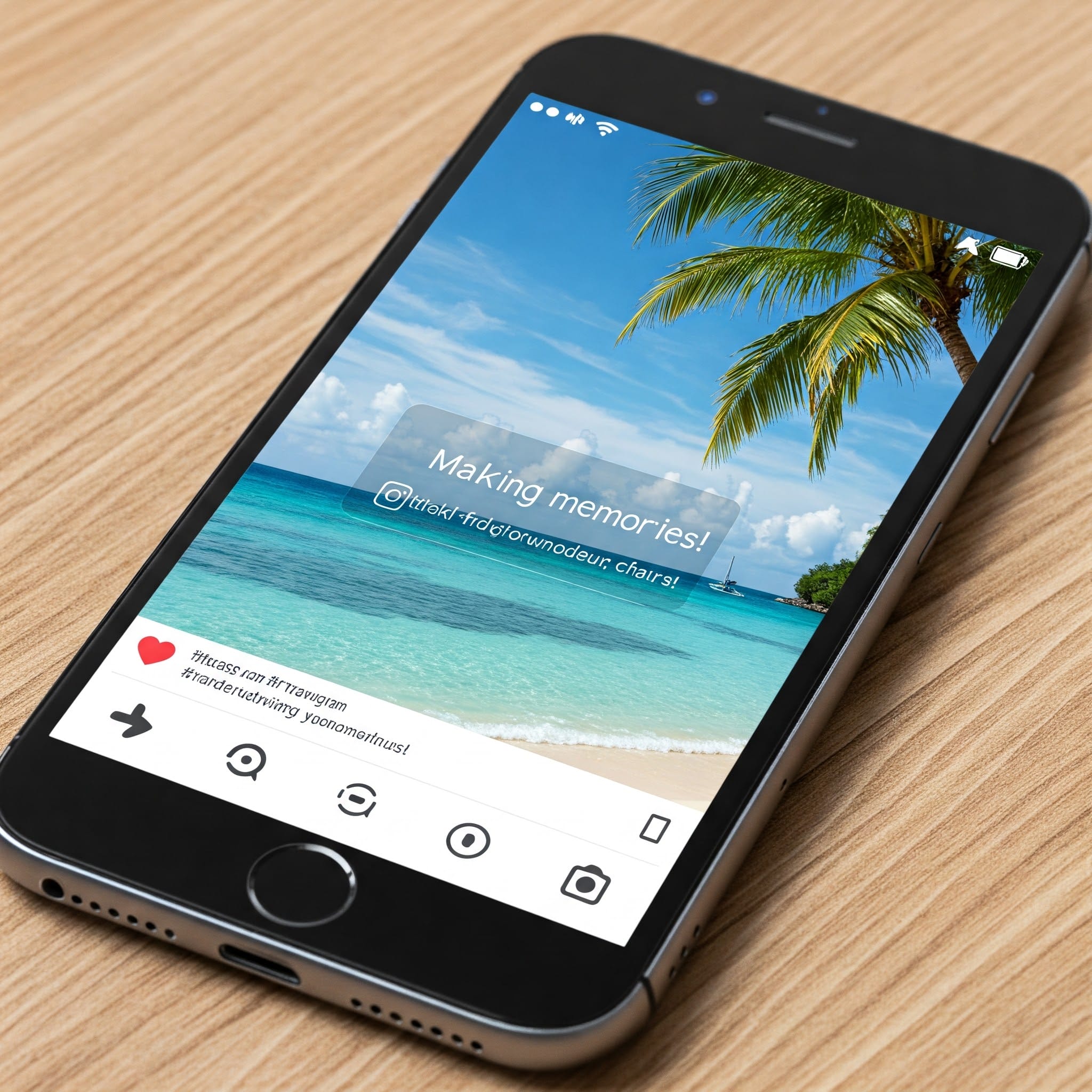 スマホ画面に表示された旅行写真と英語キャプション・ハッシュタグ