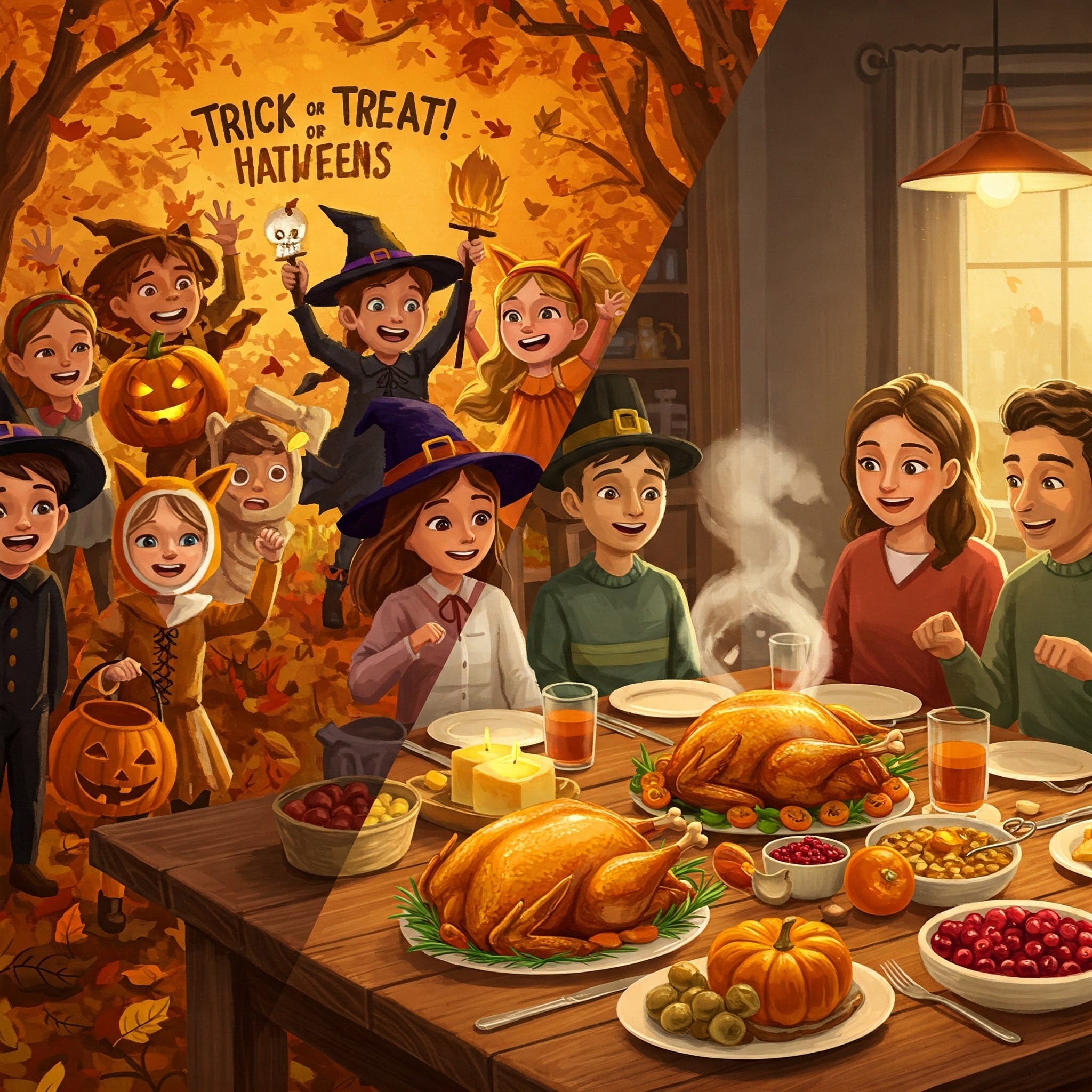 ハロウィンの仮装をした子供たちとサンクスギビングの七面鳥料理のイラスト