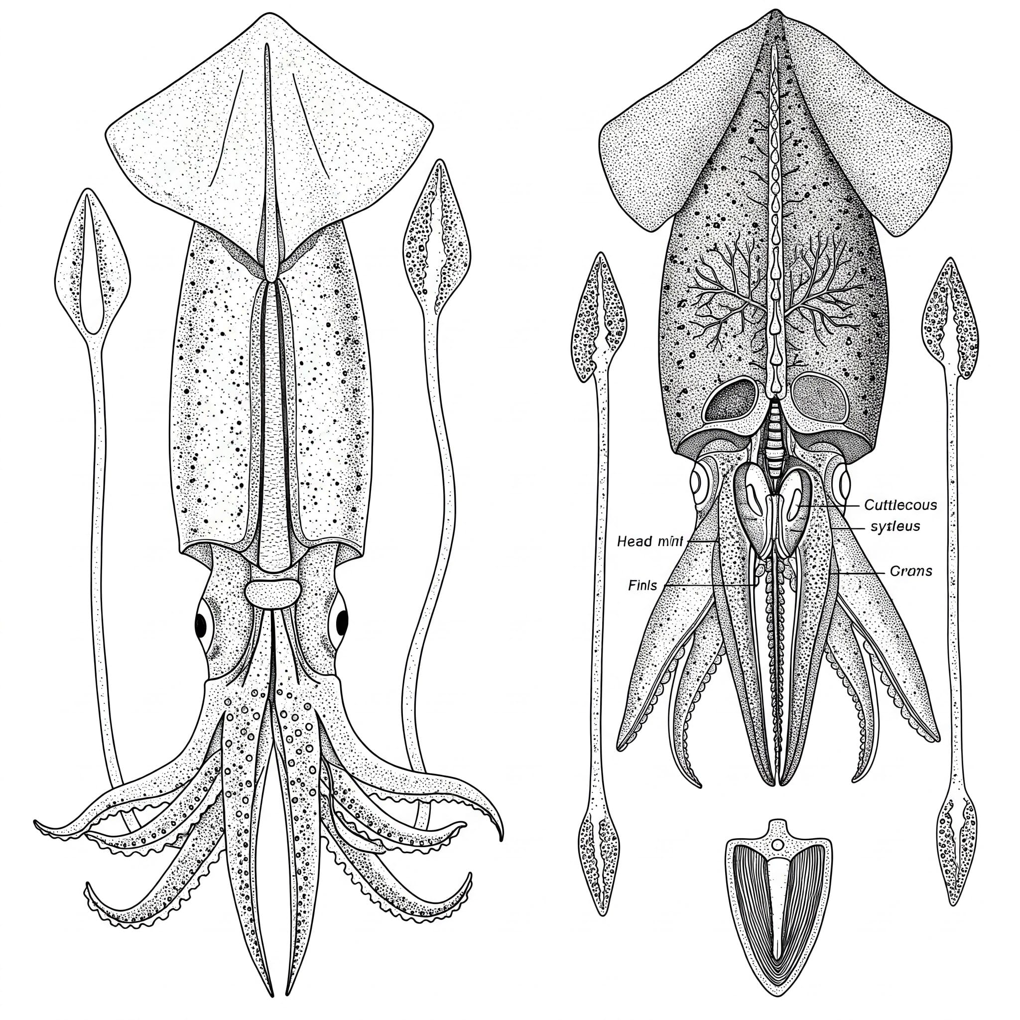 SquidとCuttlefishの体の構造の違いを示すイラスト