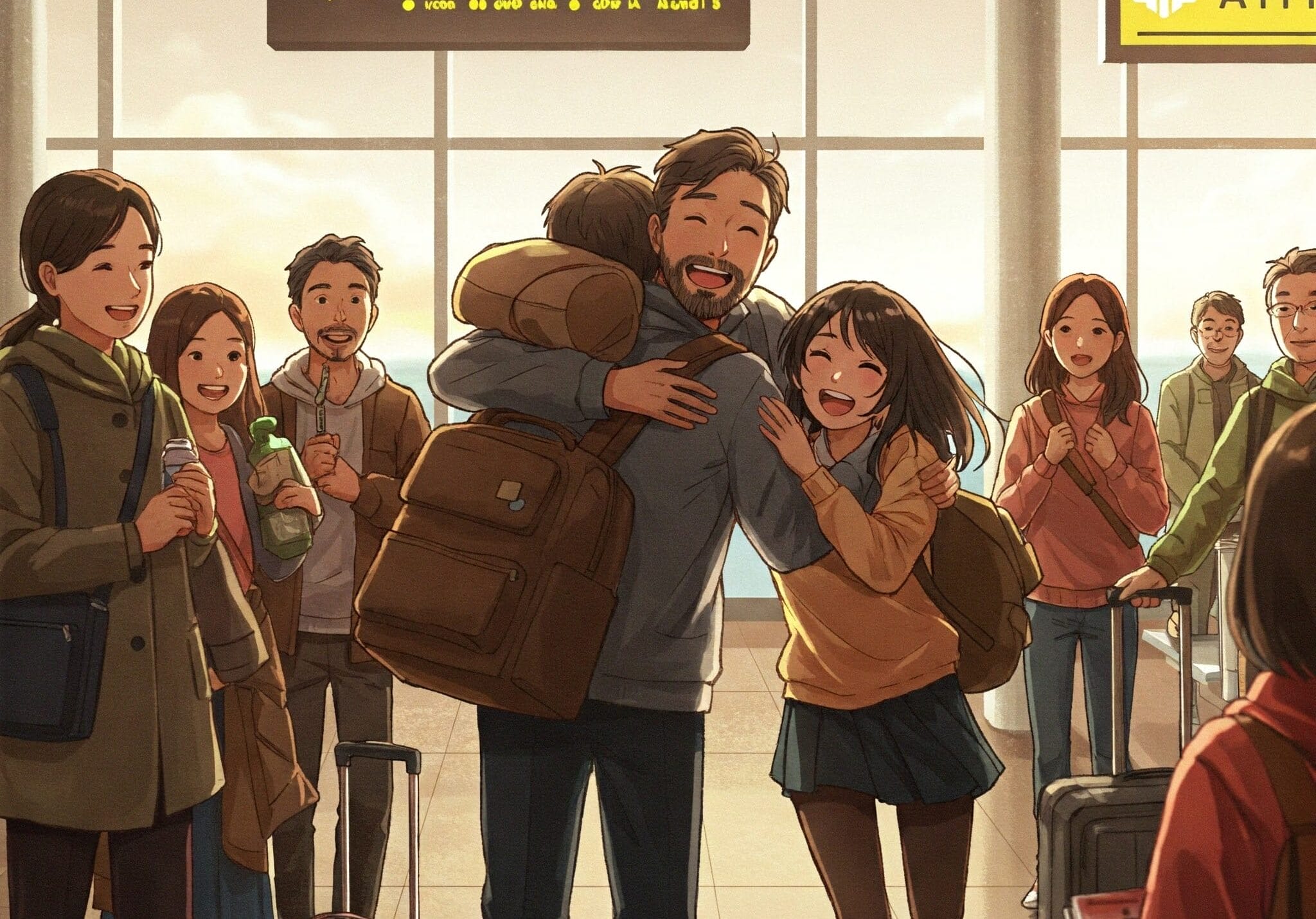 空港の到着エリアで、あるグループが男性と少女を抱擁と笑顔で迎えており、背景には荷物と標識が見える。.