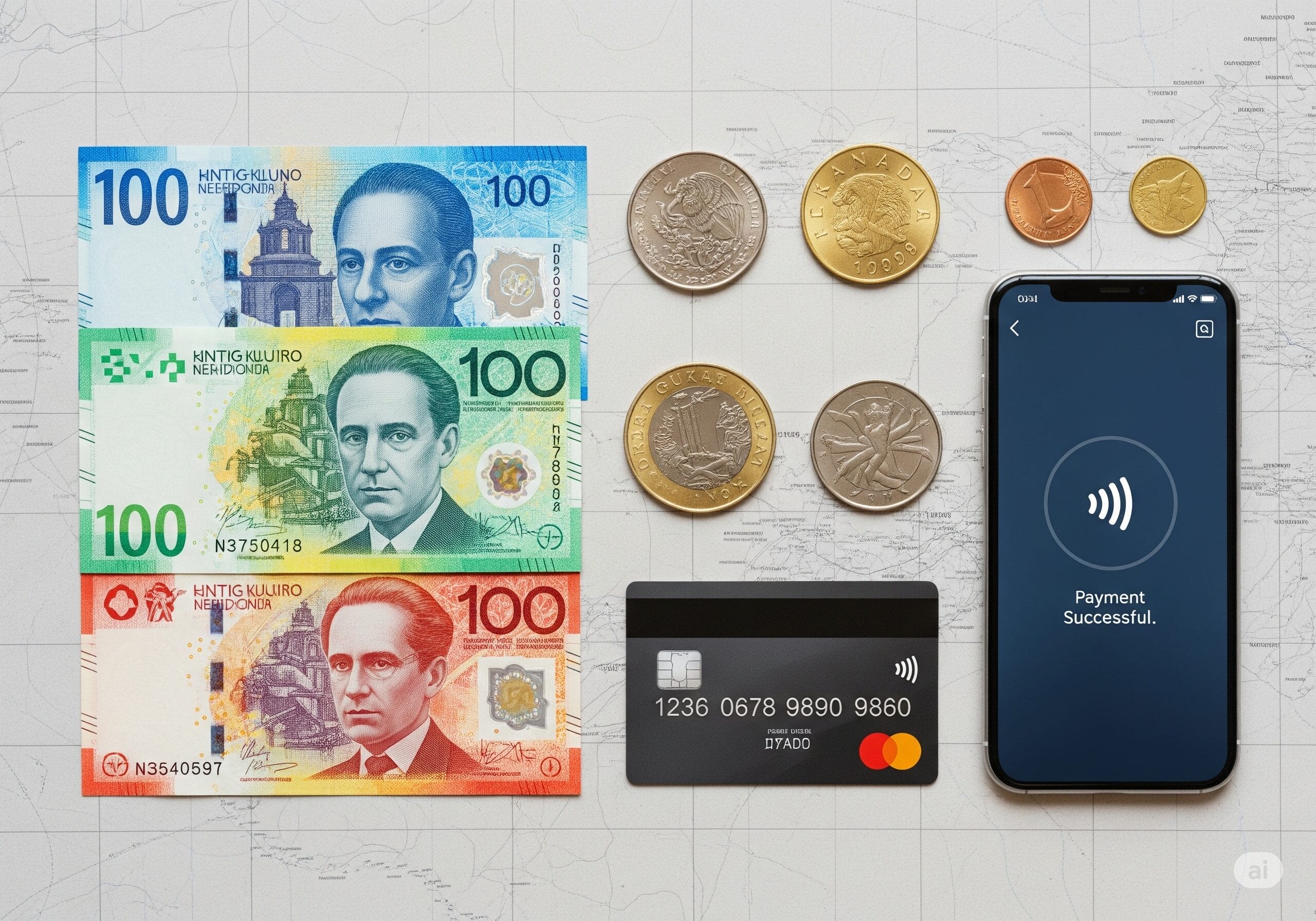 様々な国の紙幣、硬貨、クレジットカード、支払いアプリが表示されたスマートフォンが並んでいる様子