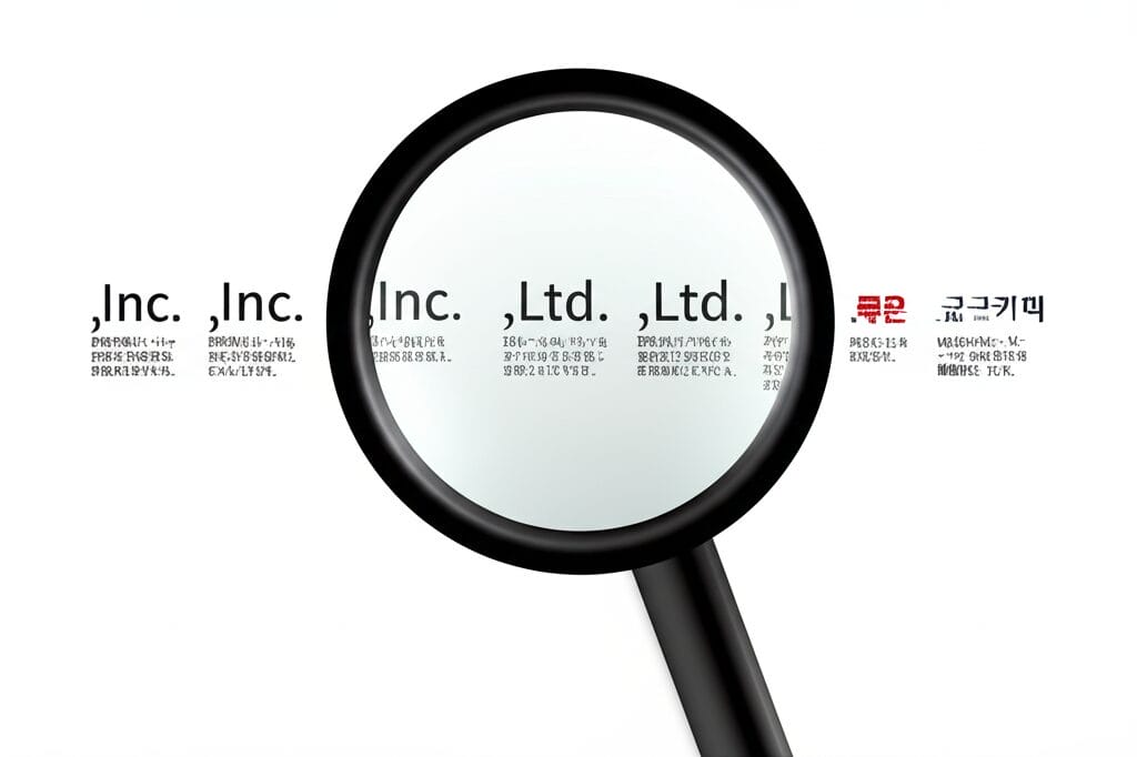 ビジネス書類上の様々な会社の英語接尾辞を虫眼鏡で拡大しているイラスト