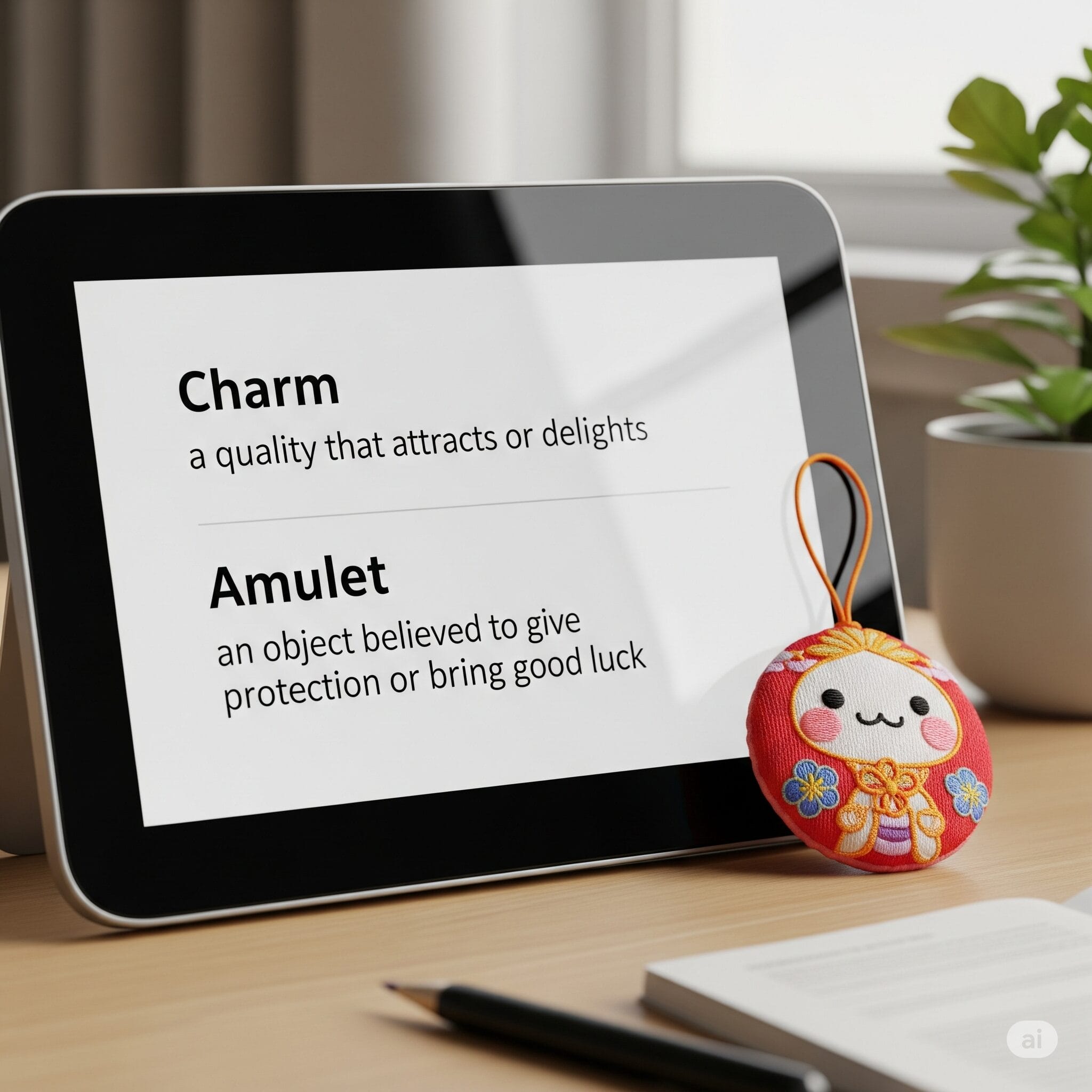 電子辞書に表示されたCharmとAmuletの単語と、その横に置かれた日本のお守り