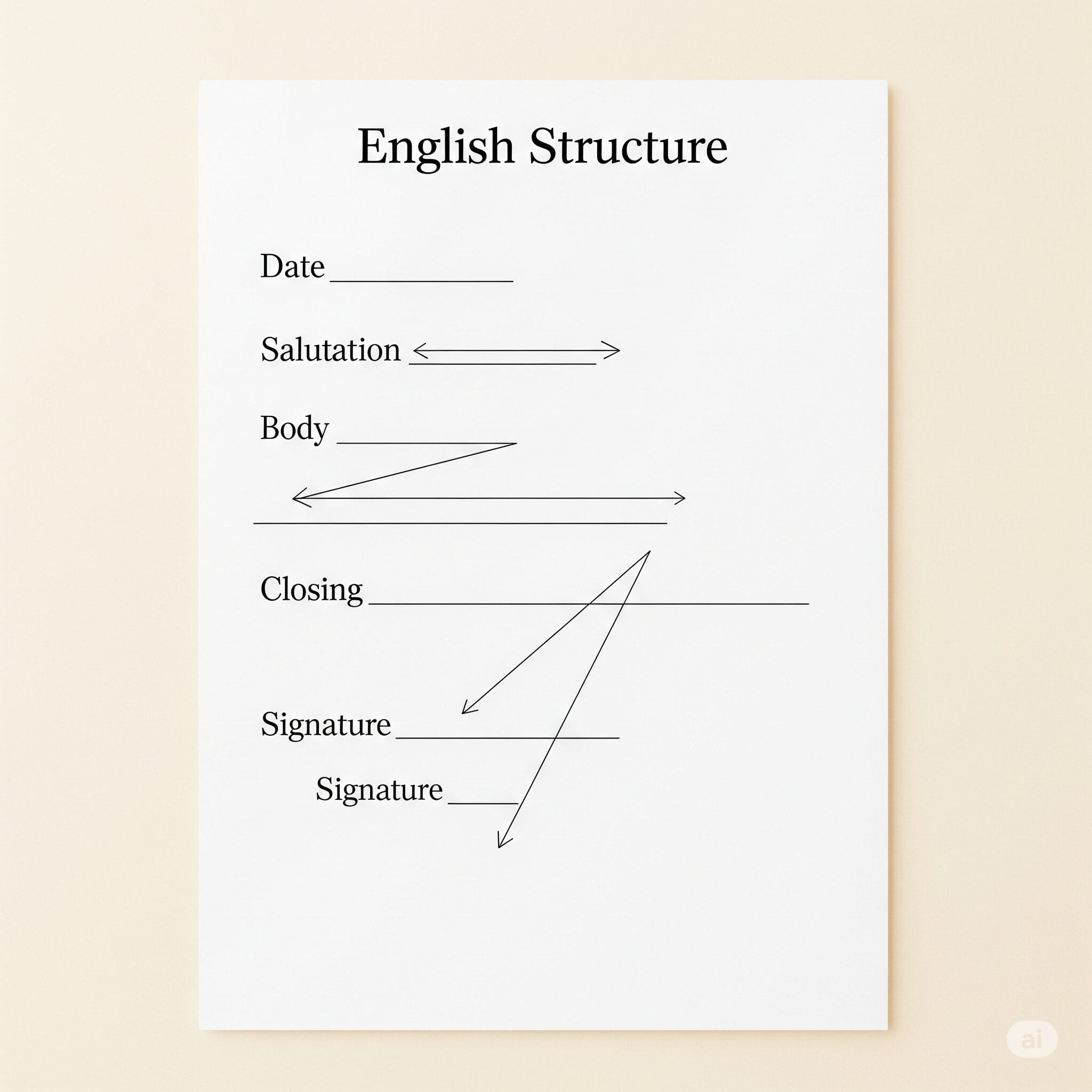 英語の手紙の基本構成を示したイラスト
