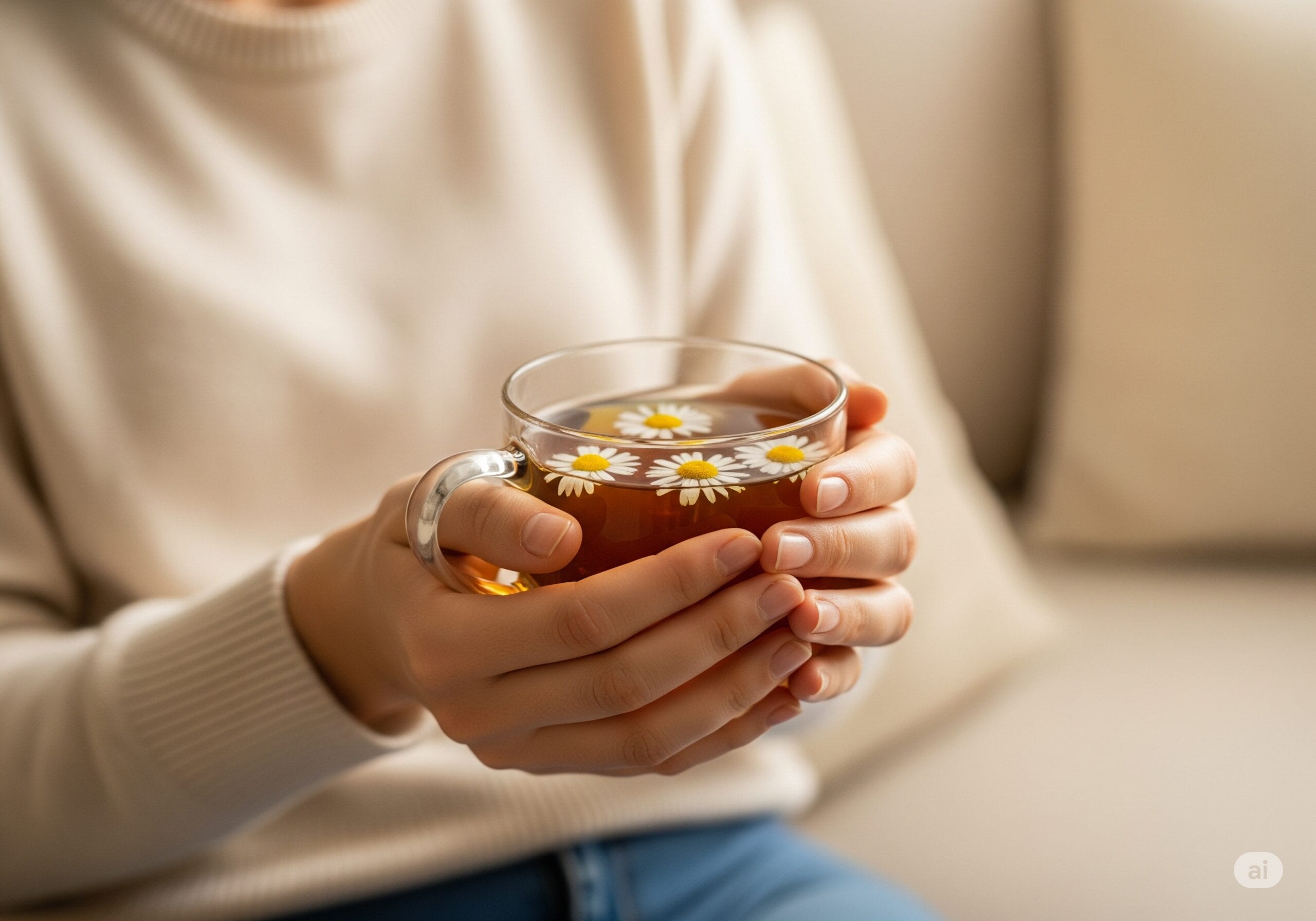 マグカップを優しく持つ手と、背景でソファで休む人。温かさと気遣いを象徴する画像。