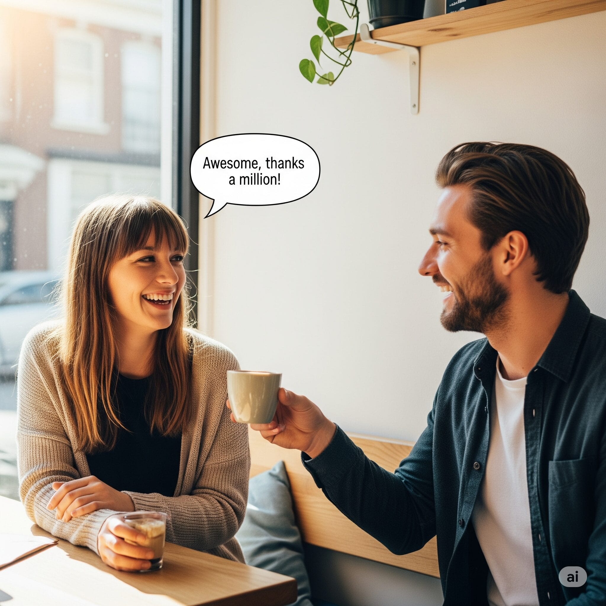 カフェで友人にコーヒーを手渡しながら「Thanks a million!」と感謝を伝えているイラスト