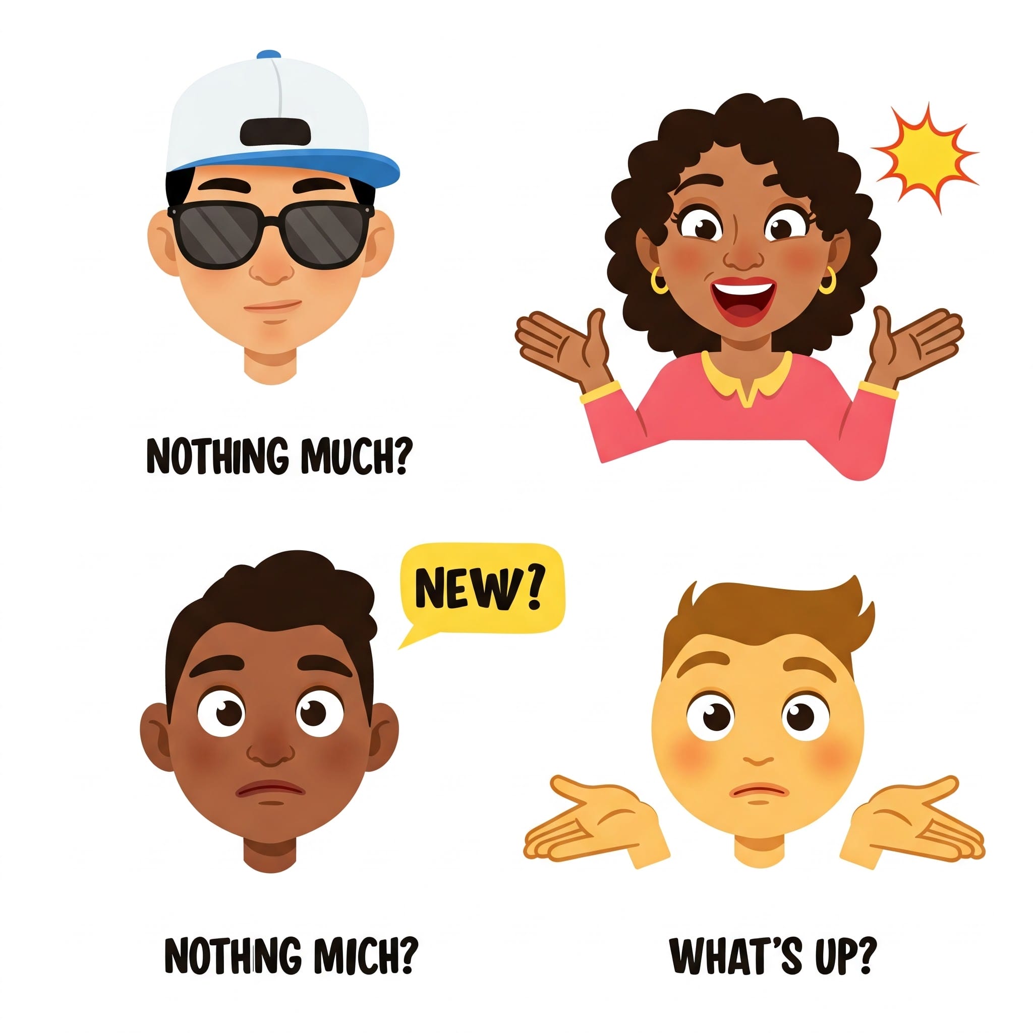「What's up?」に対する様々な反応を示す絵文字風の顔のイラスト