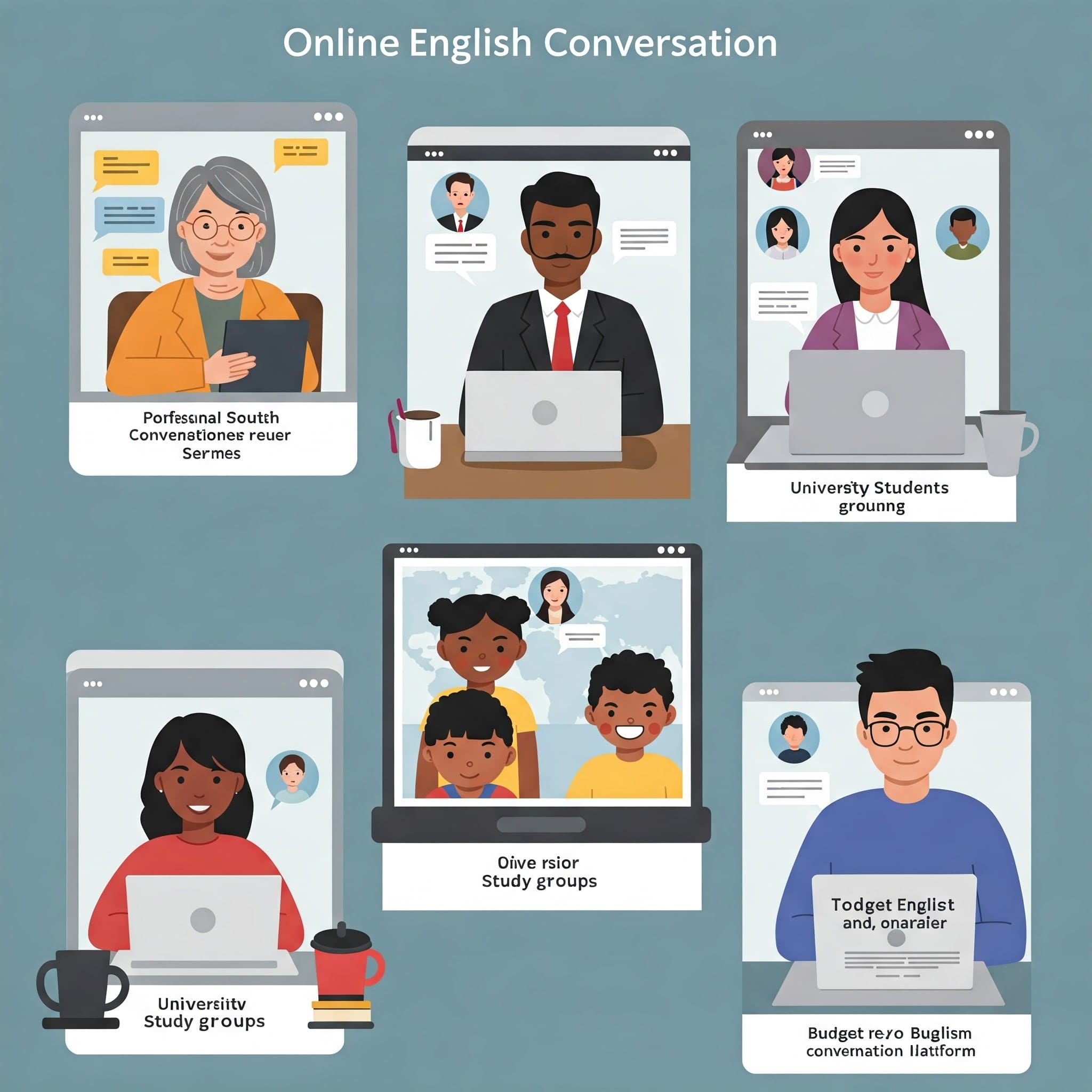 様々な目的を持つ人々がオンライン英会話の画面を見ているイラスト。