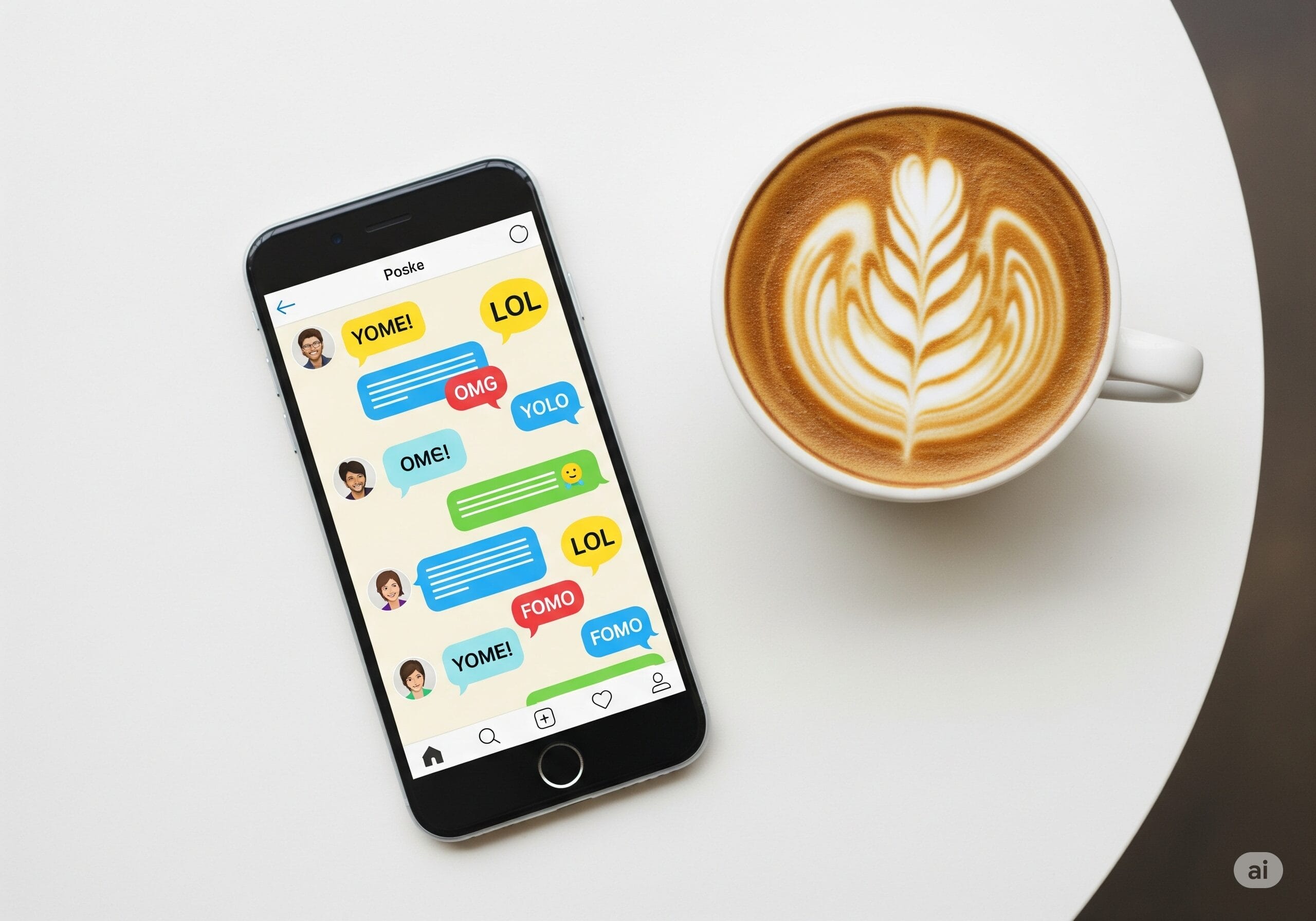 カフェのテーブルに置かれたスマートフォン。画面にはSNSのチャットが表示され、LOLやOMGといったスラングが見える。