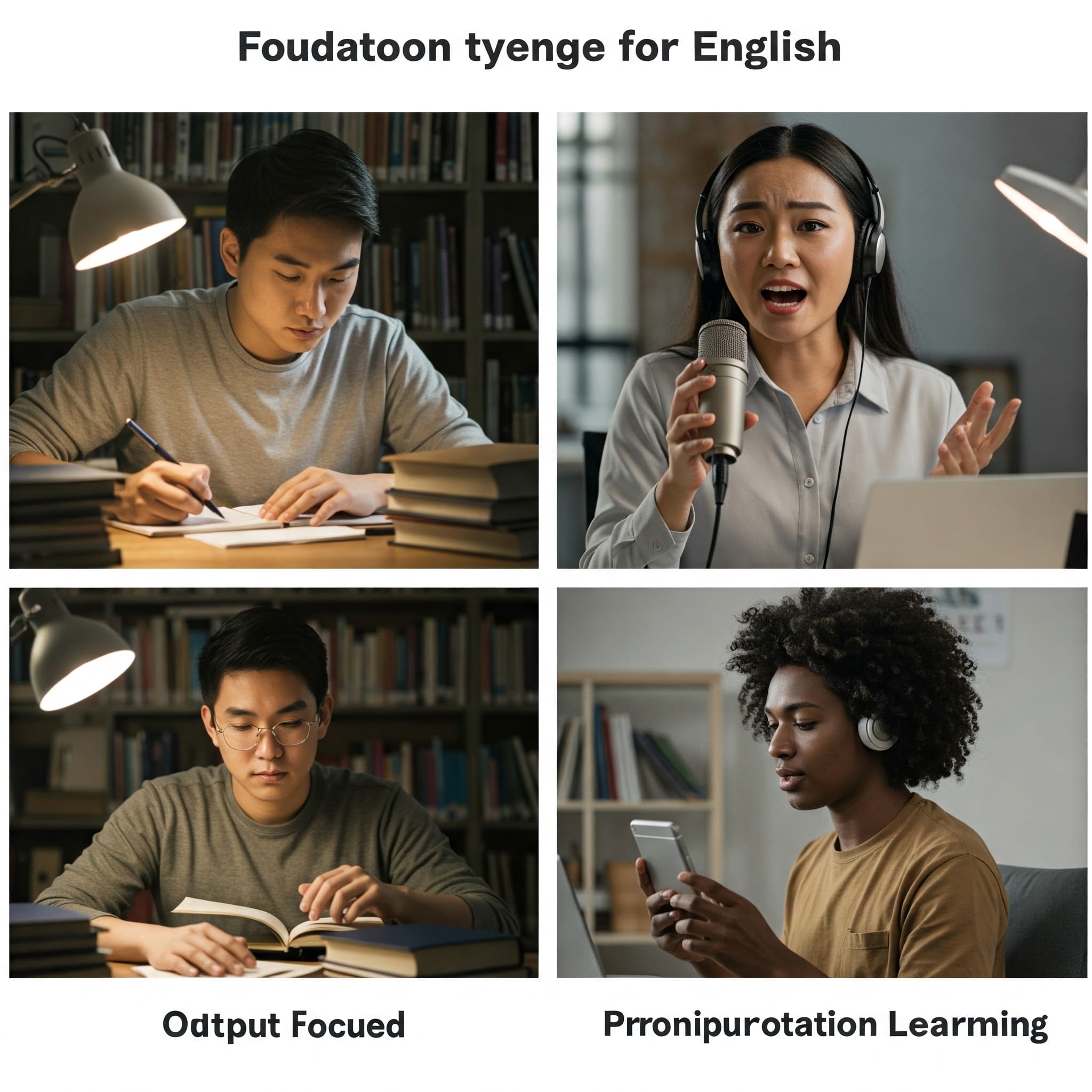 3つの異なる学習スタイル（基礎知識型、アウトプット型、発音重視型）のモンタージュ
