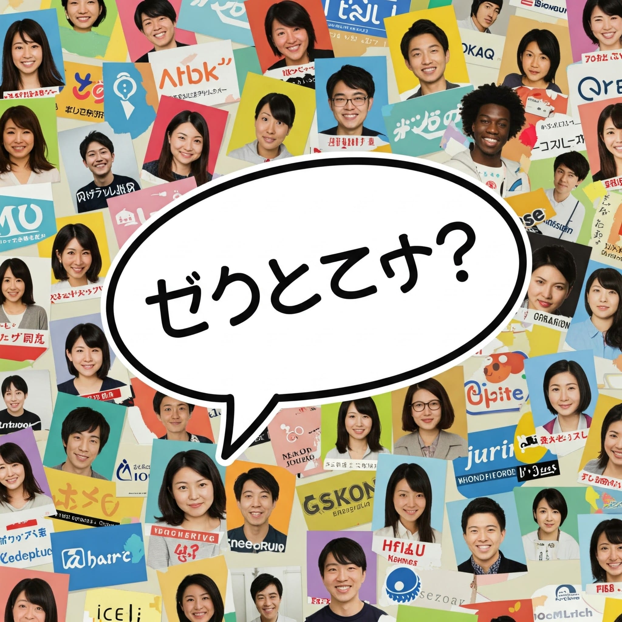 オンライン英会話スクールのロゴや講師の写真が貼られたホワイトボード。「あなたに最適のスクールは？」の文字。
