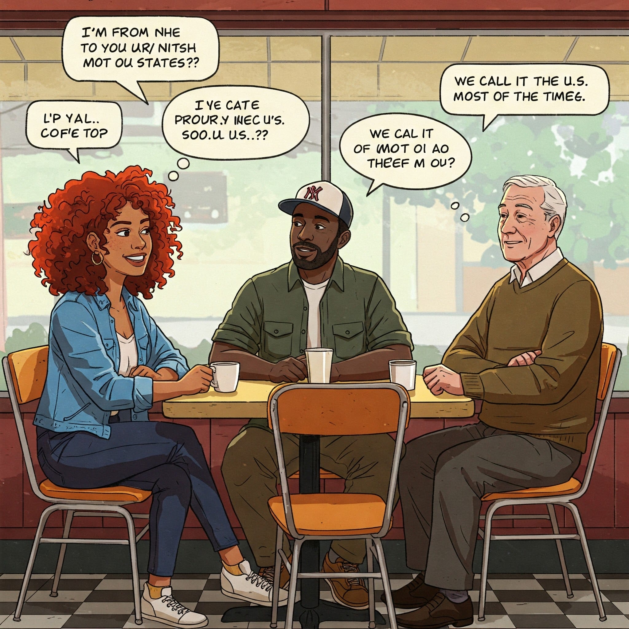 カフェで会話する多様なアメリカ人たち