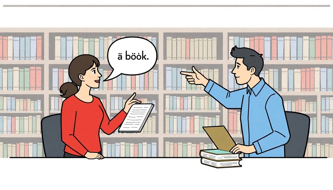 図書館で特定の机の上の本(the book)を指しているイラスト