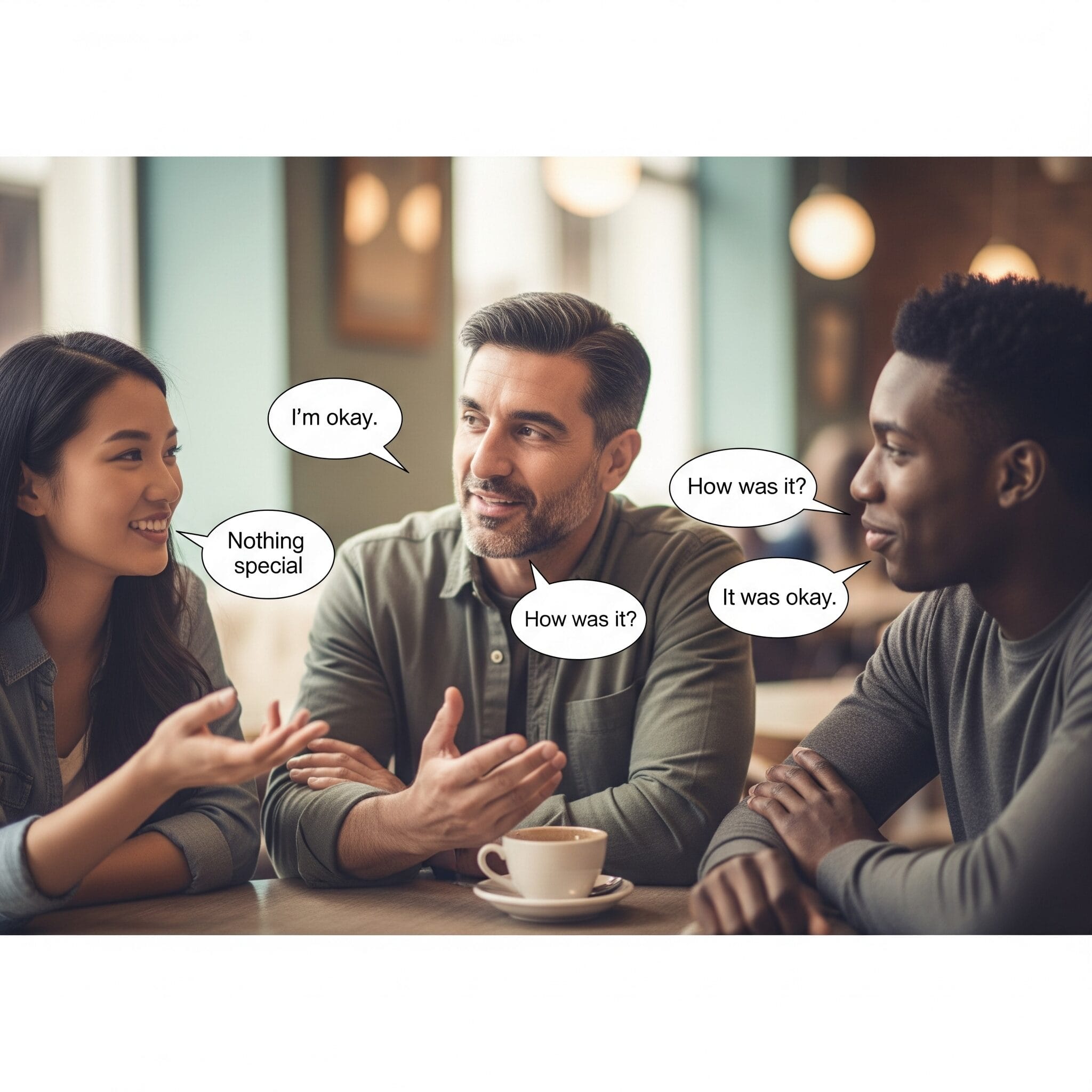 カフェで自然に会話している二人の人物。吹き出しに 'It was okay.' と書かれている。