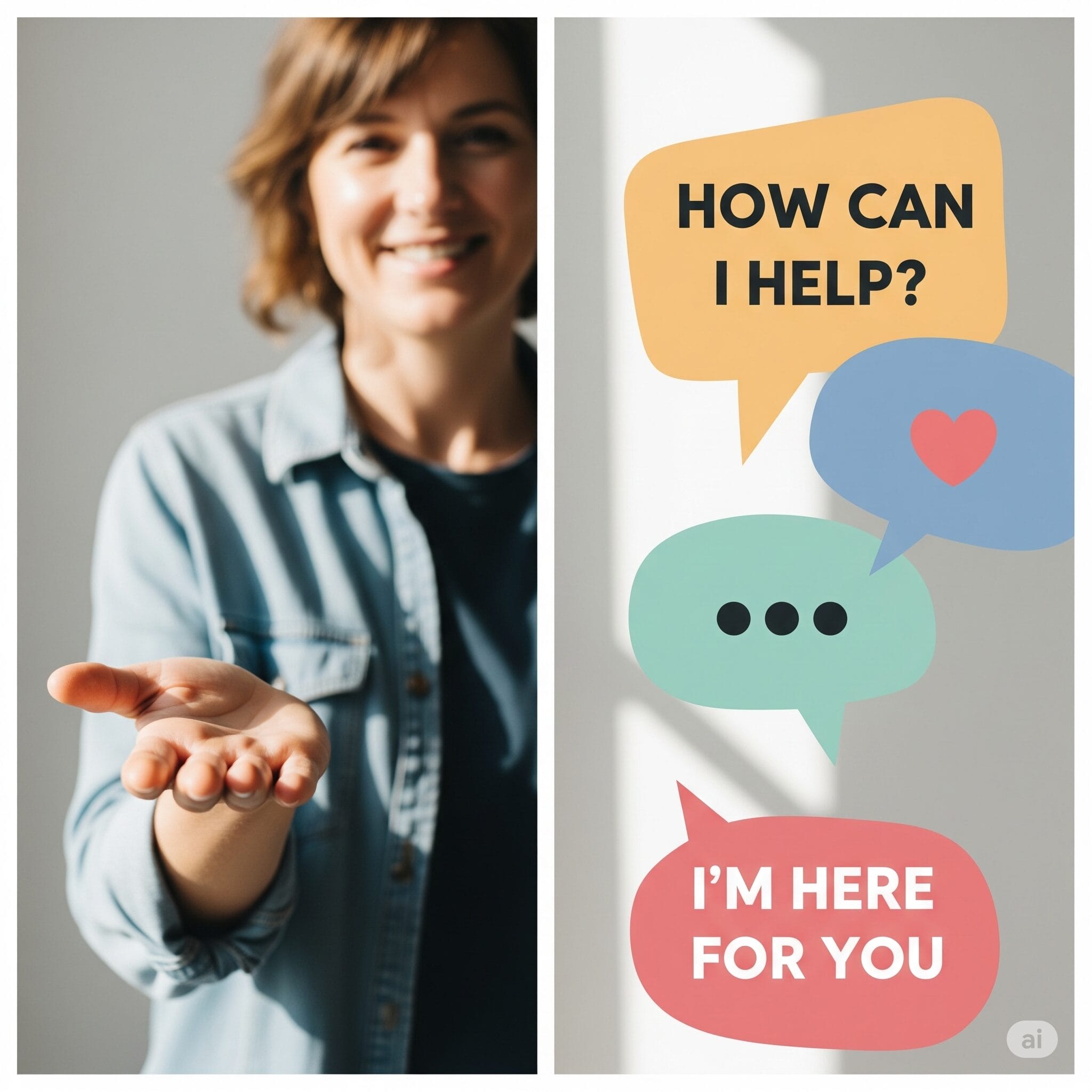 歓迎のジェスチャーをする笑顔の人と、「How can I help?」「I'm here for you.」というフレーズの吹き出しが描かれたコラージュ画像。