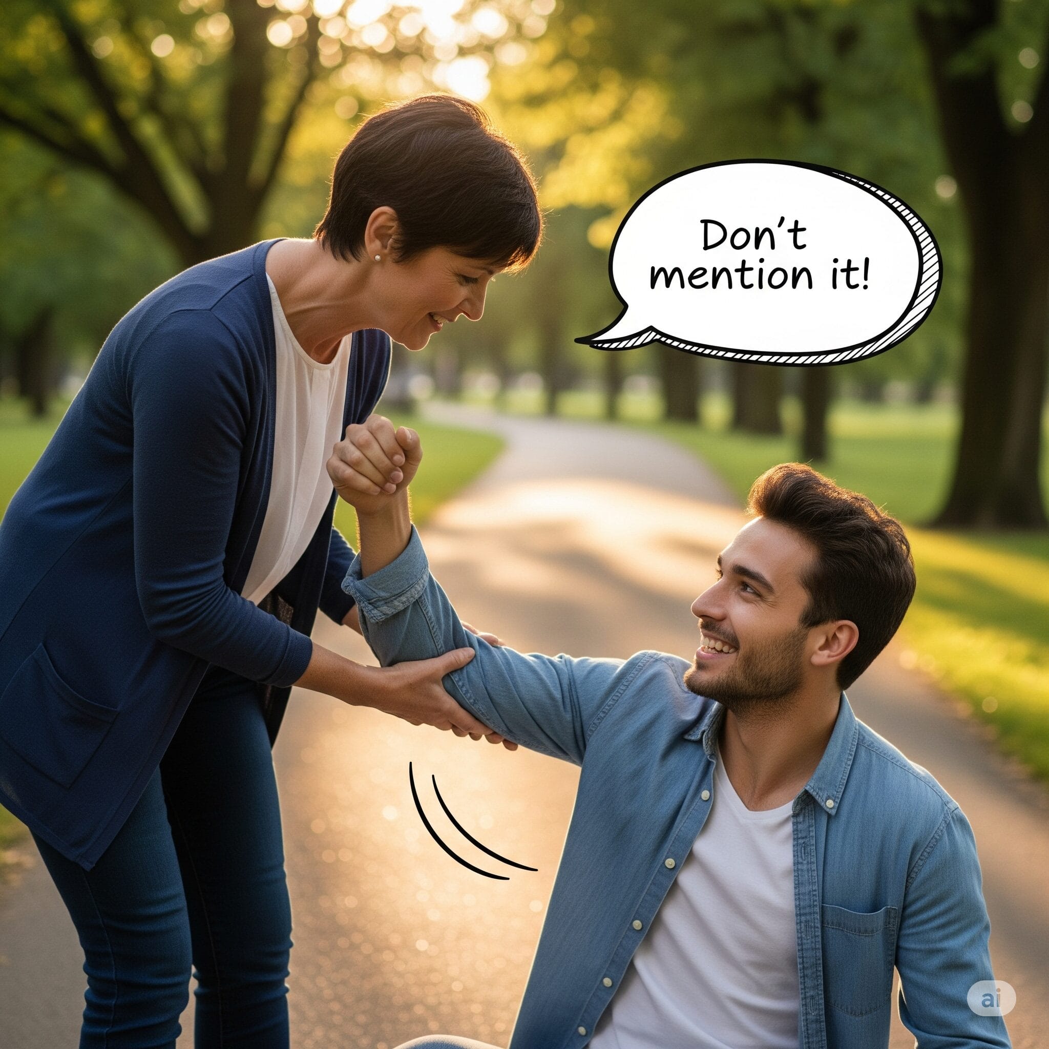 公園でつまずいた人を助け起こし、「Don't mention it!」と優しく応える人物のイラスト