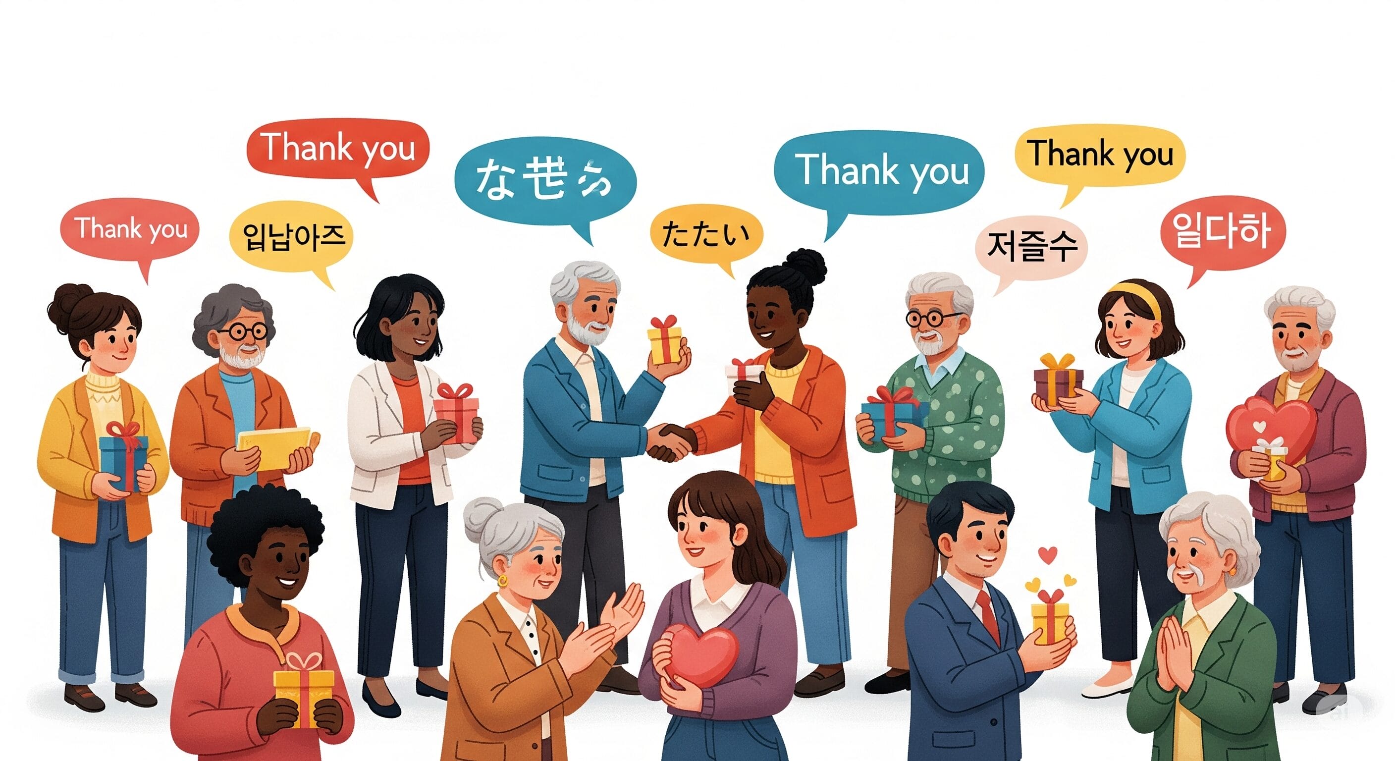 さまざまな人々が贈り物を交換し、お互いに感謝の意を表し、頭上にはさまざまな言語で「ありがとう」と書かれています。.