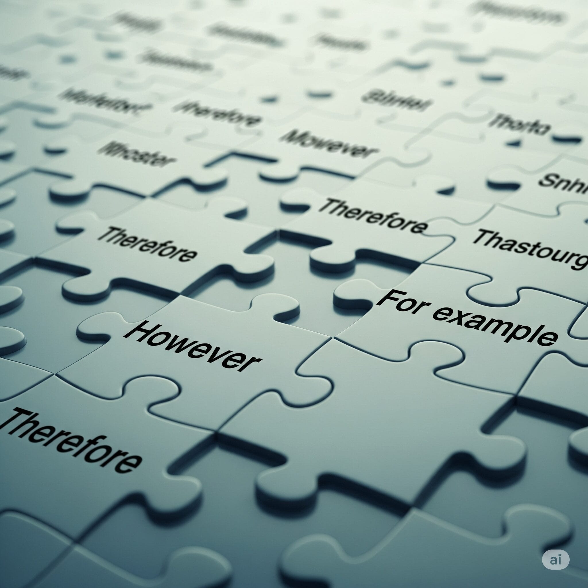 パズルのピースが組み合わさっていく抽象的な画像。ピースには英語のつなぎ言葉が書かれている。