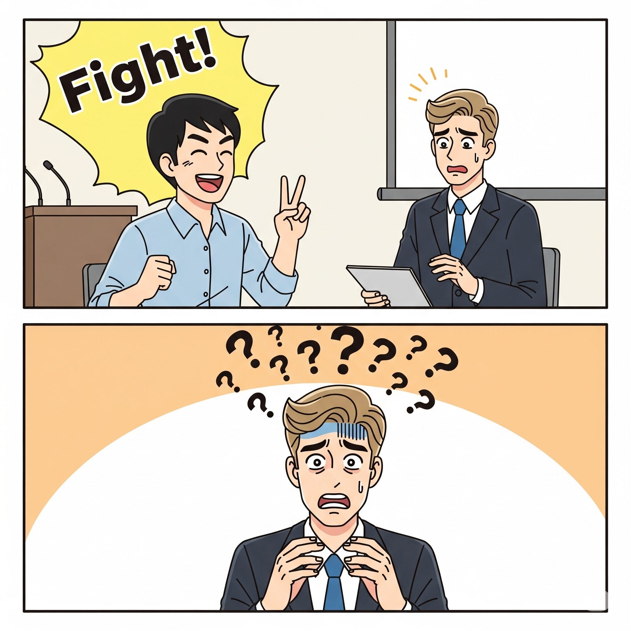 「ファイト！」と言われて困惑する欧米人のイラスト