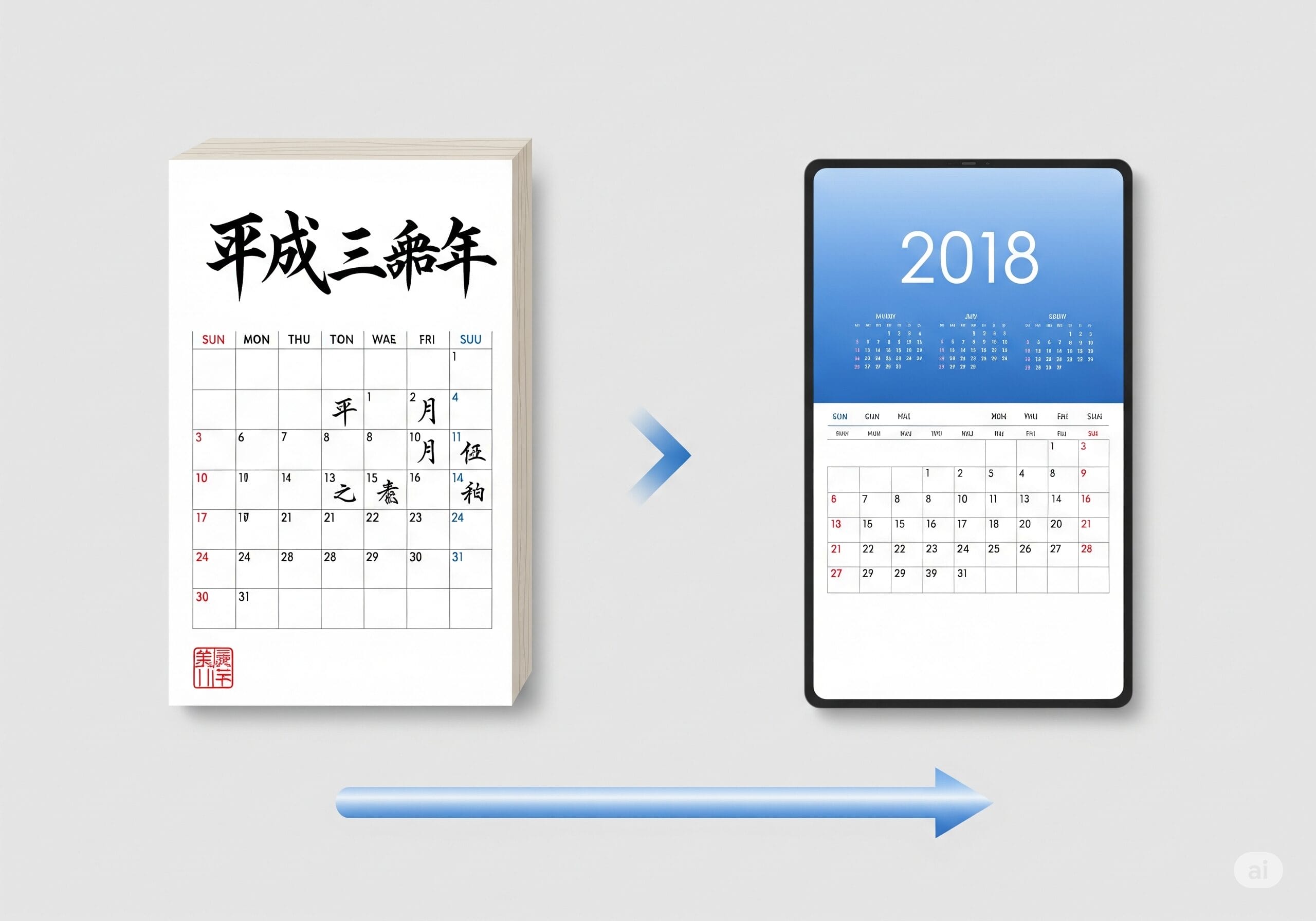 和暦である「平成三十年」と書かれた日本のカレンダーと、西暦である「2018」と表示されたデジタルカレンダーが並んでいるイラスト