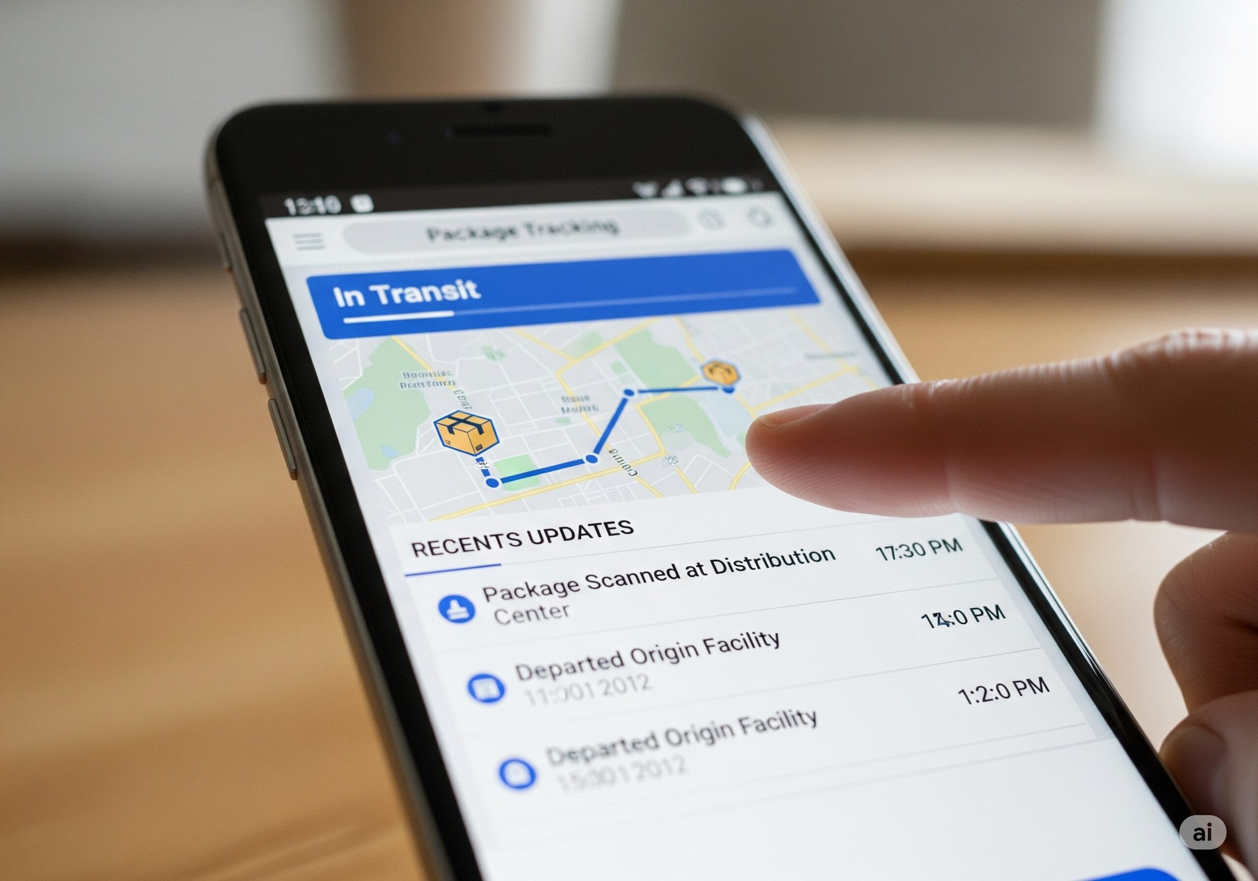 スマートフォンの画面に表示された荷物の追跡情報（In Transit）を指で確認している様子。