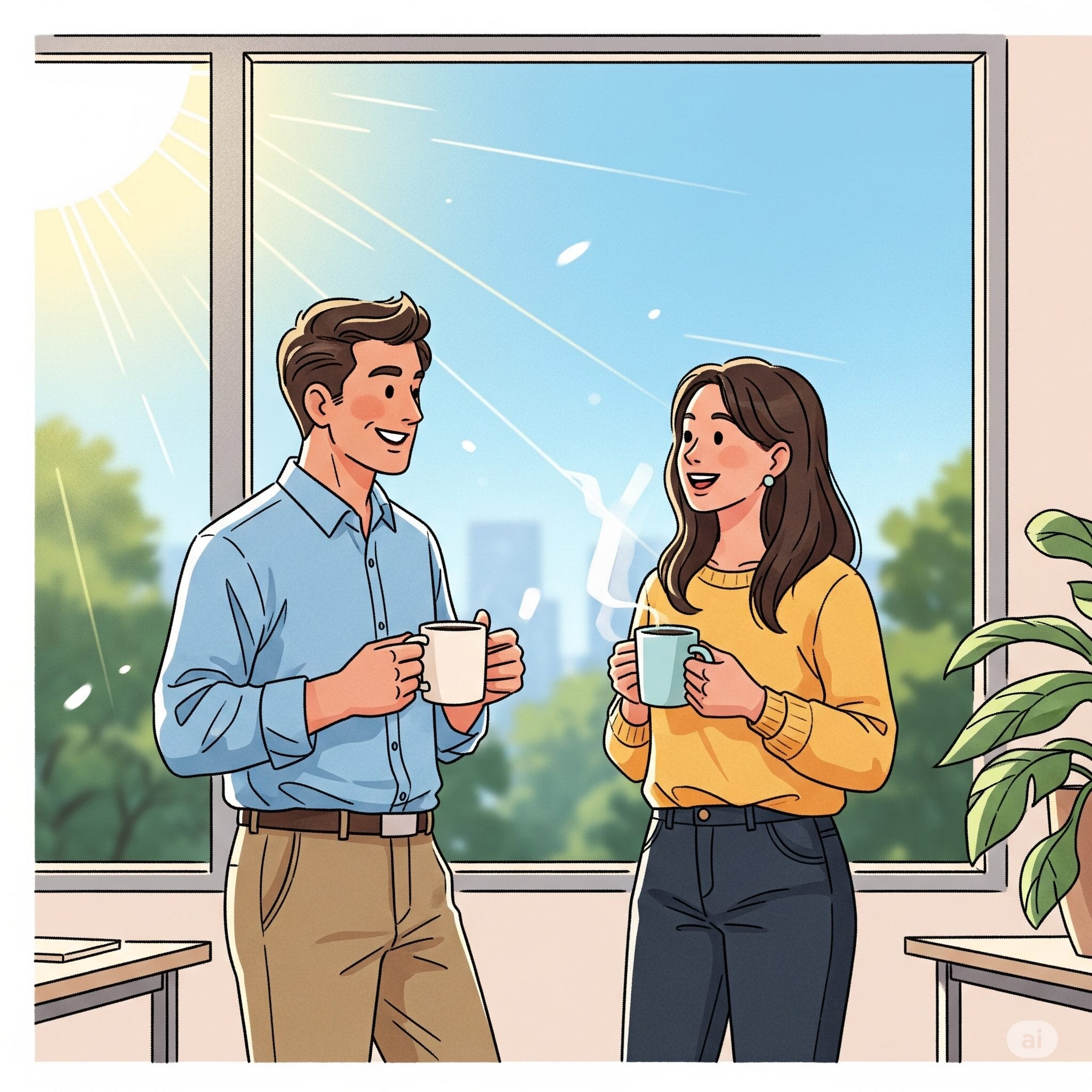 オフィスの窓辺で、2人の同僚がコーヒーを飲みながら楽しそうに談笑しているイラスト。