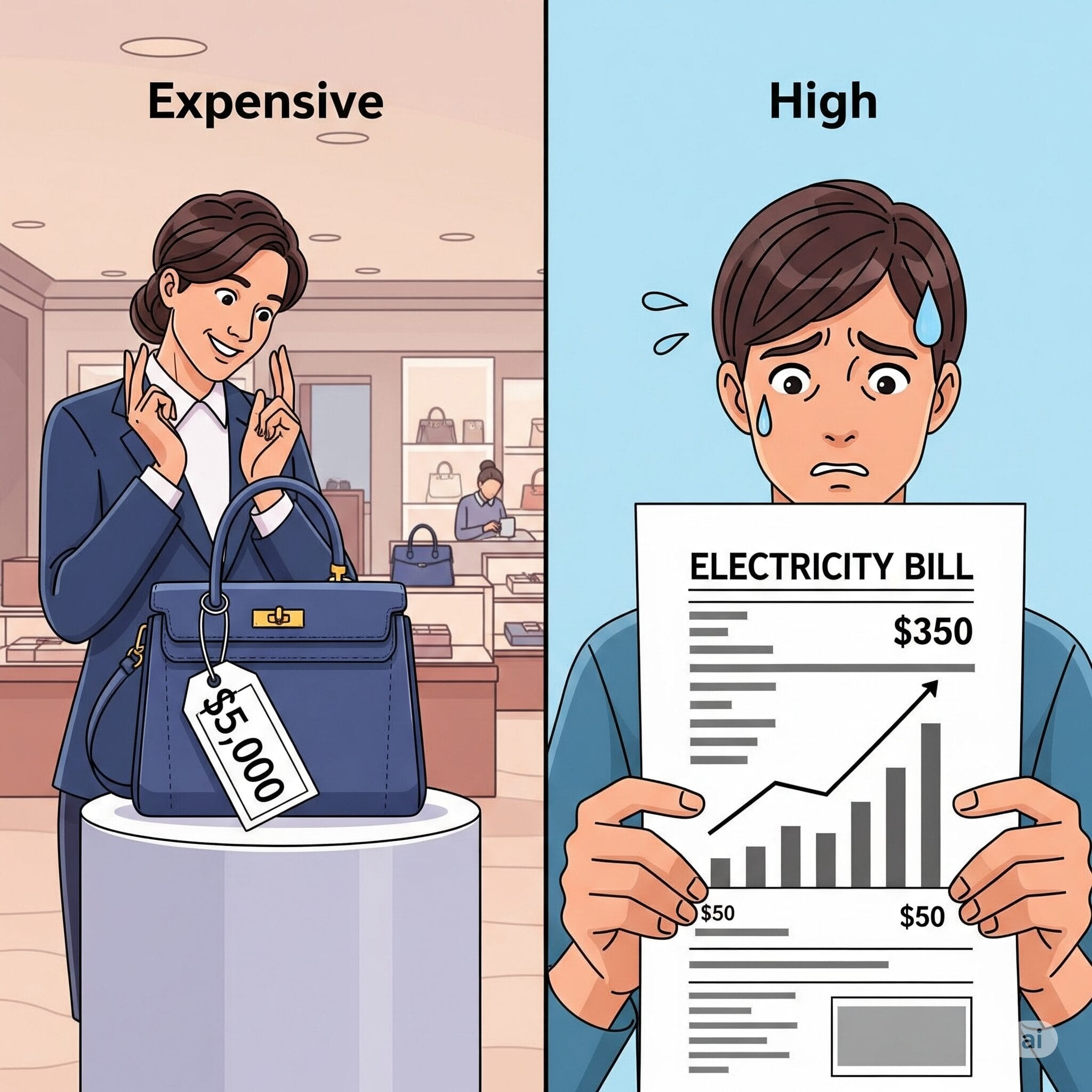 左にExpensiveと書かれた高級バッグ、右にHighと書かれた電気料金の請求書が並んだイラスト。