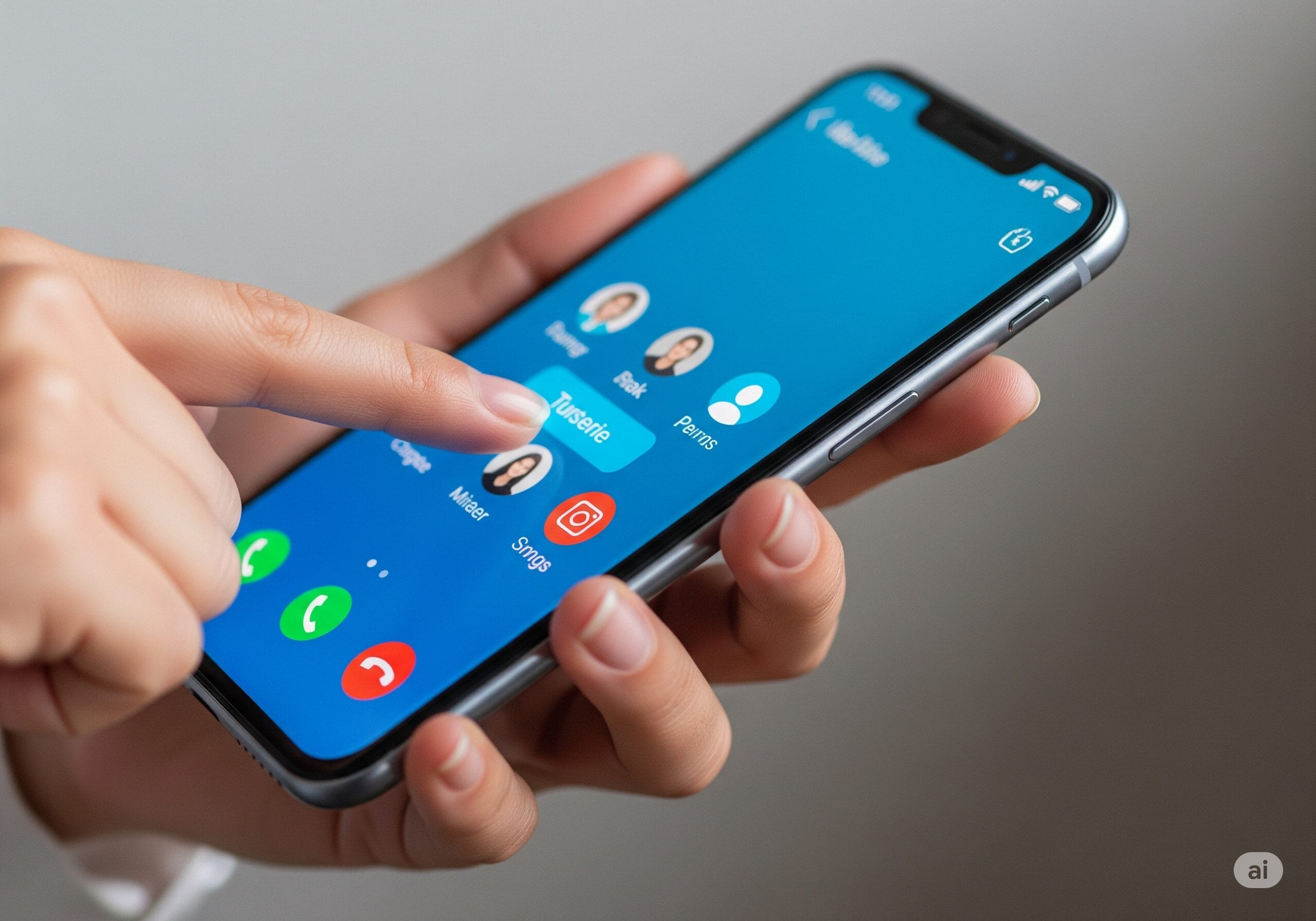 スマートフォンを手に持ち、連絡先をタップして電話をかけようとしている様子