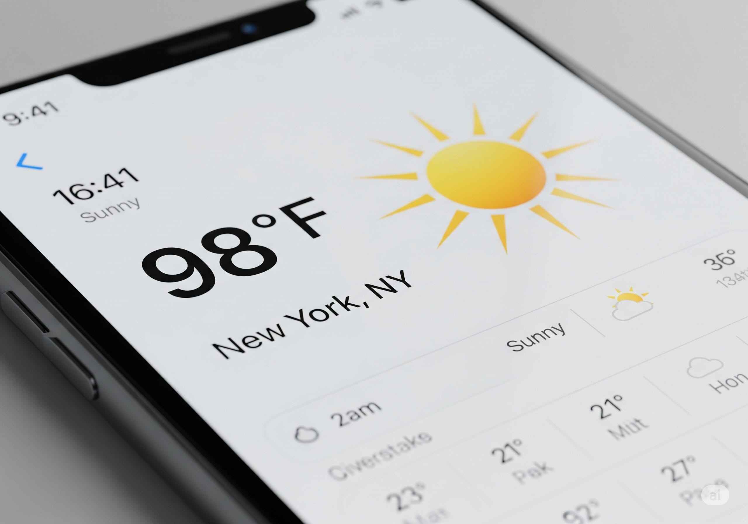 スマートフォンの天気予報アプリの画面。98°Fと太陽マークが表示されている。
