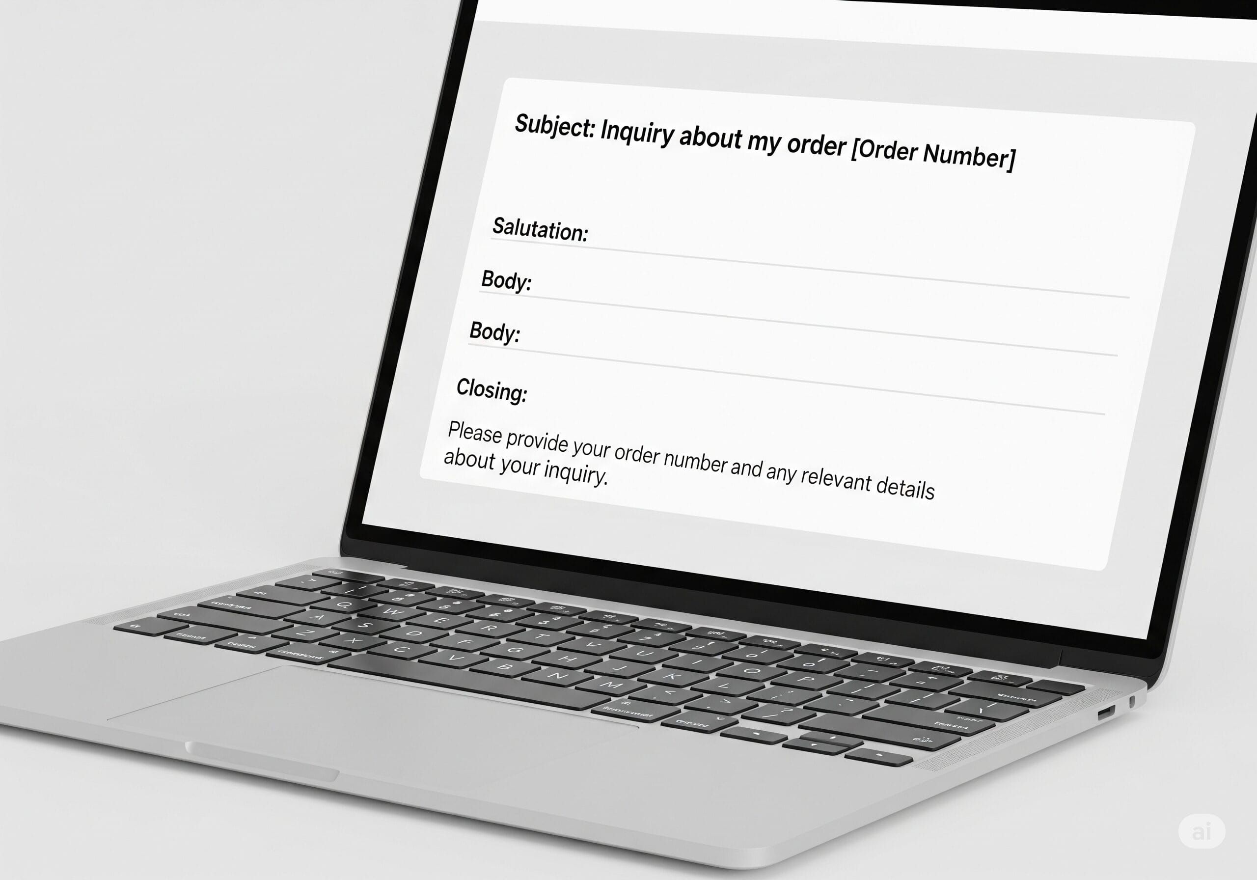 ノートパソコンの画面に表示された英語の問い合わせメールテンプレート。件名や注文番号の入力欄が分かりやすく示されている。