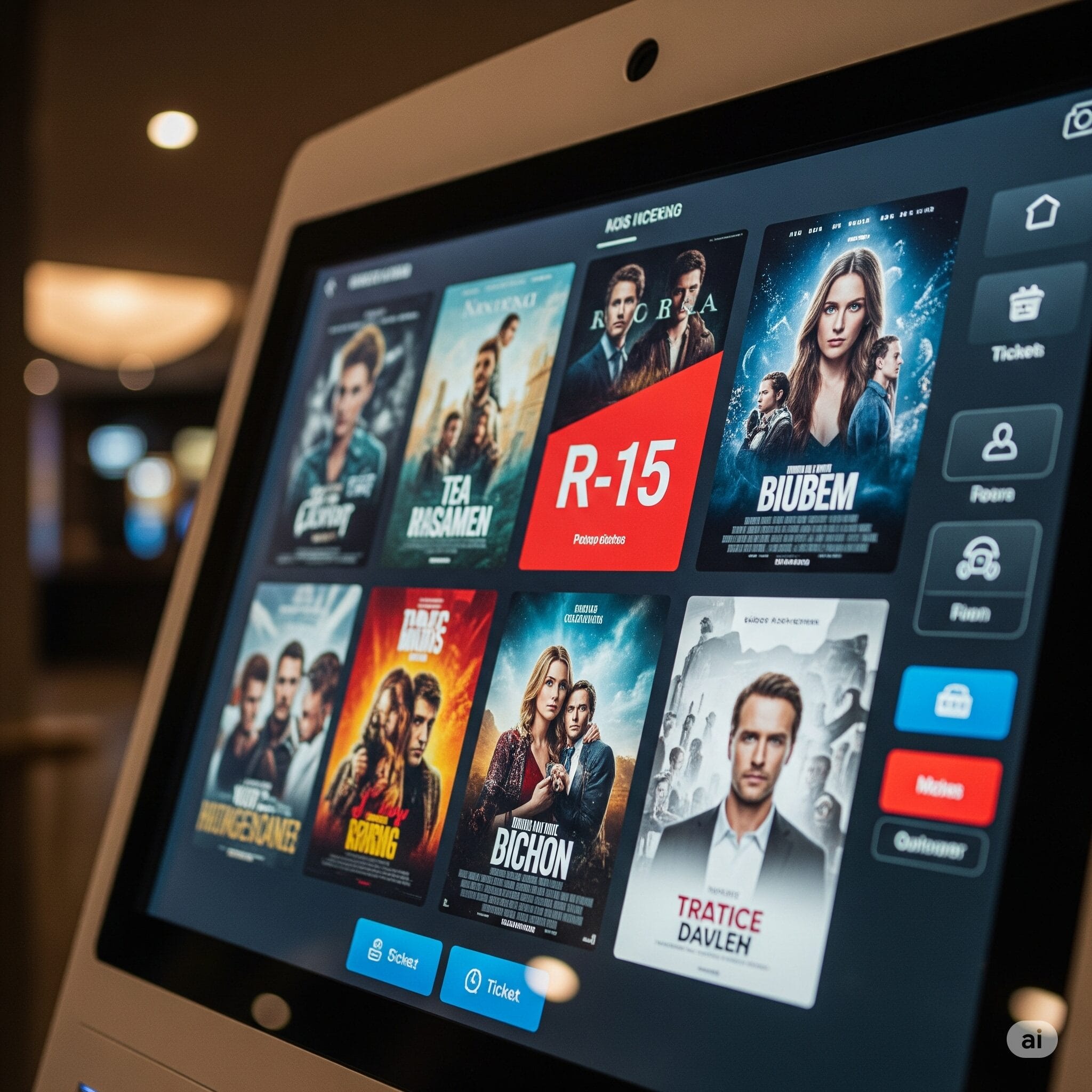 映画館のチケット販売機の画面に表示された「R-15」のレーティングマーク。