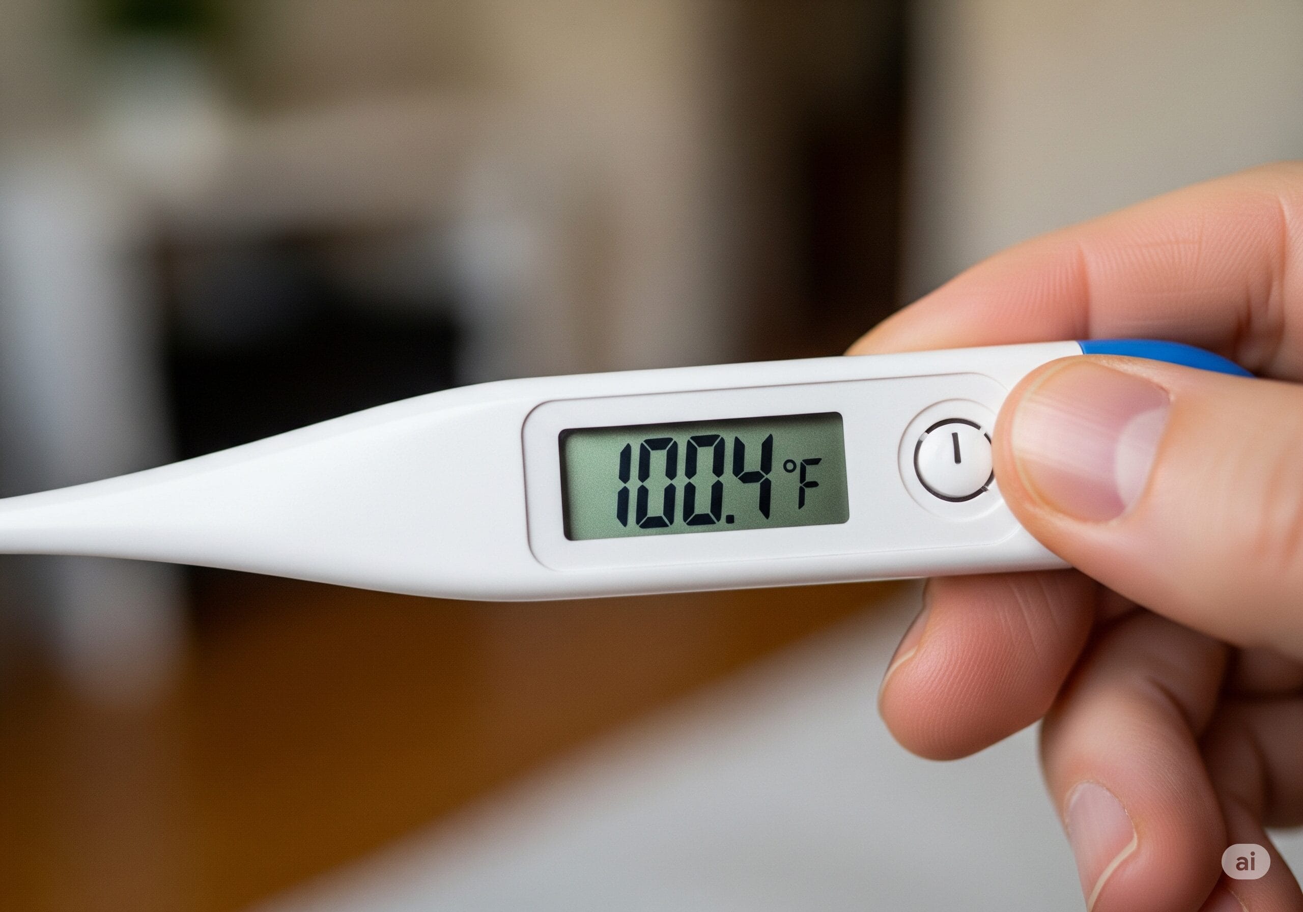 デジタル体温計のクローズアップ。100.4°Fと表示されている。