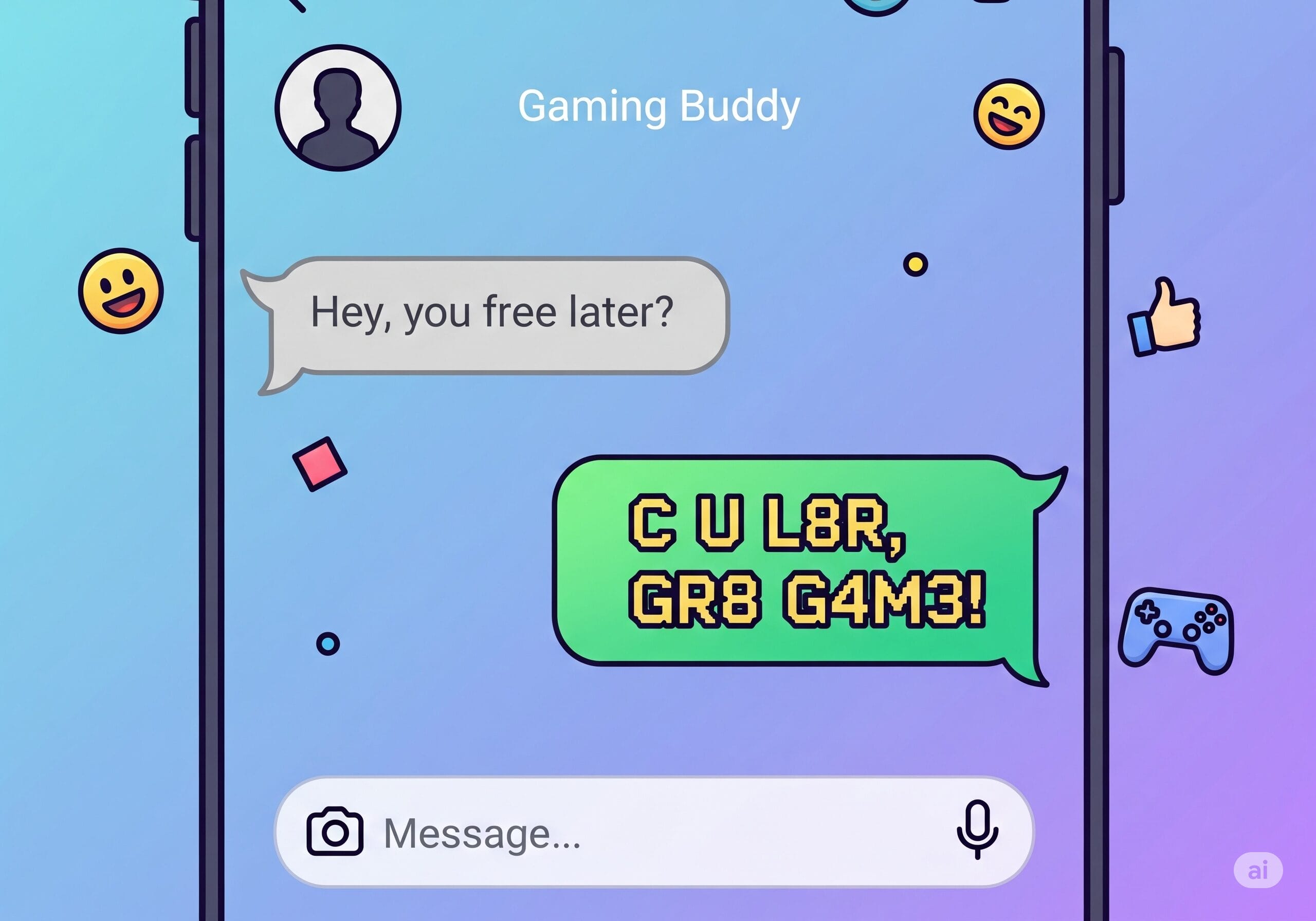 スマートフォンのチャット画面にC U L8R, GR8 G4M3!と表示されているイラスト