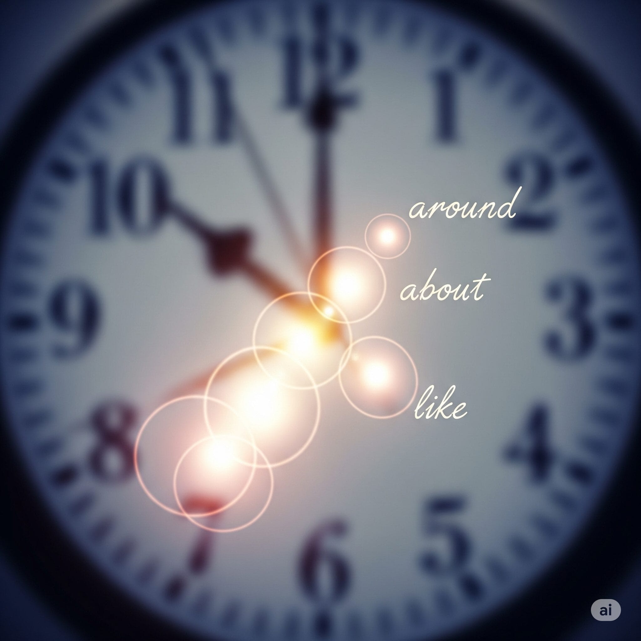 時計の文字盤がぼやけており、5時のあたりにaround, about, likeという単語が浮かんでいるイラスト。