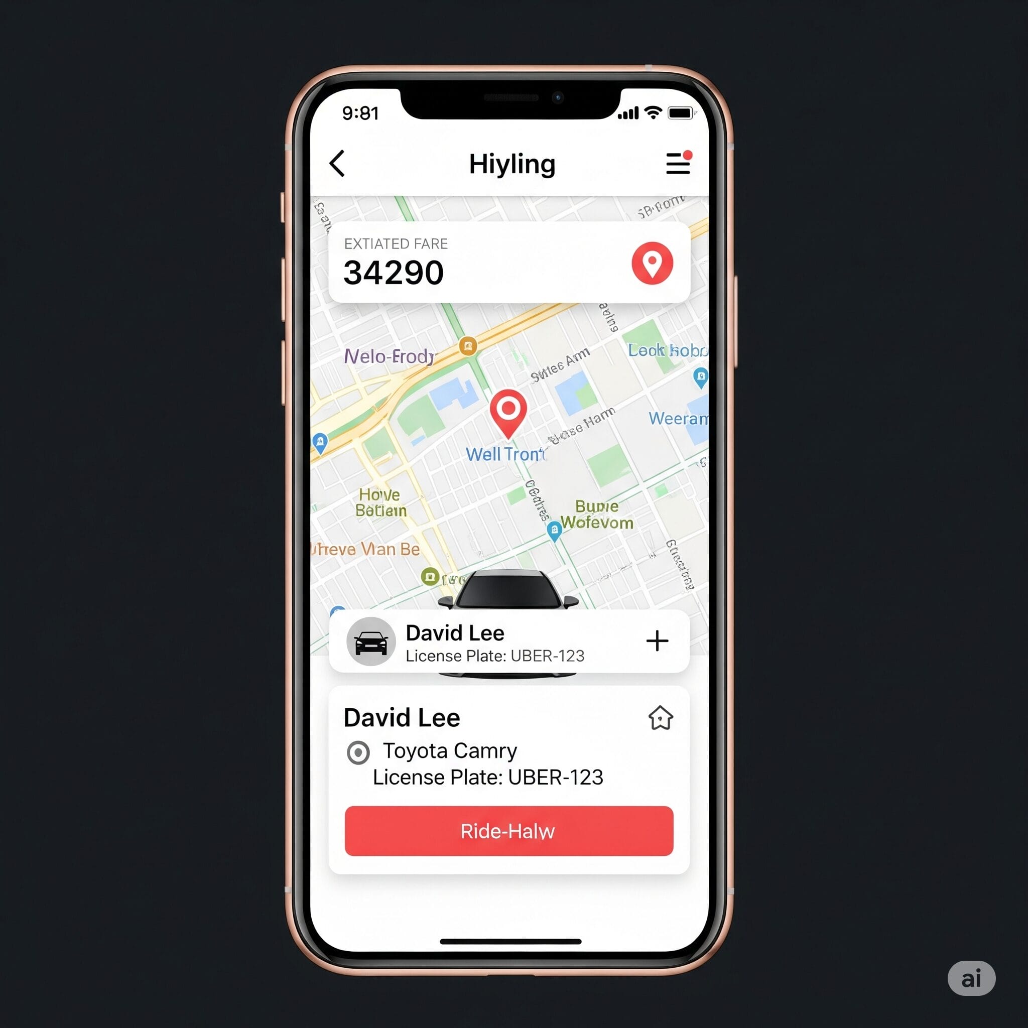 スマートフォンに表示された配車アプリの画面。地図上にドライバーの位置、推定運賃、車両情報が表示されており、ユーザーが指で画面を操作している。
