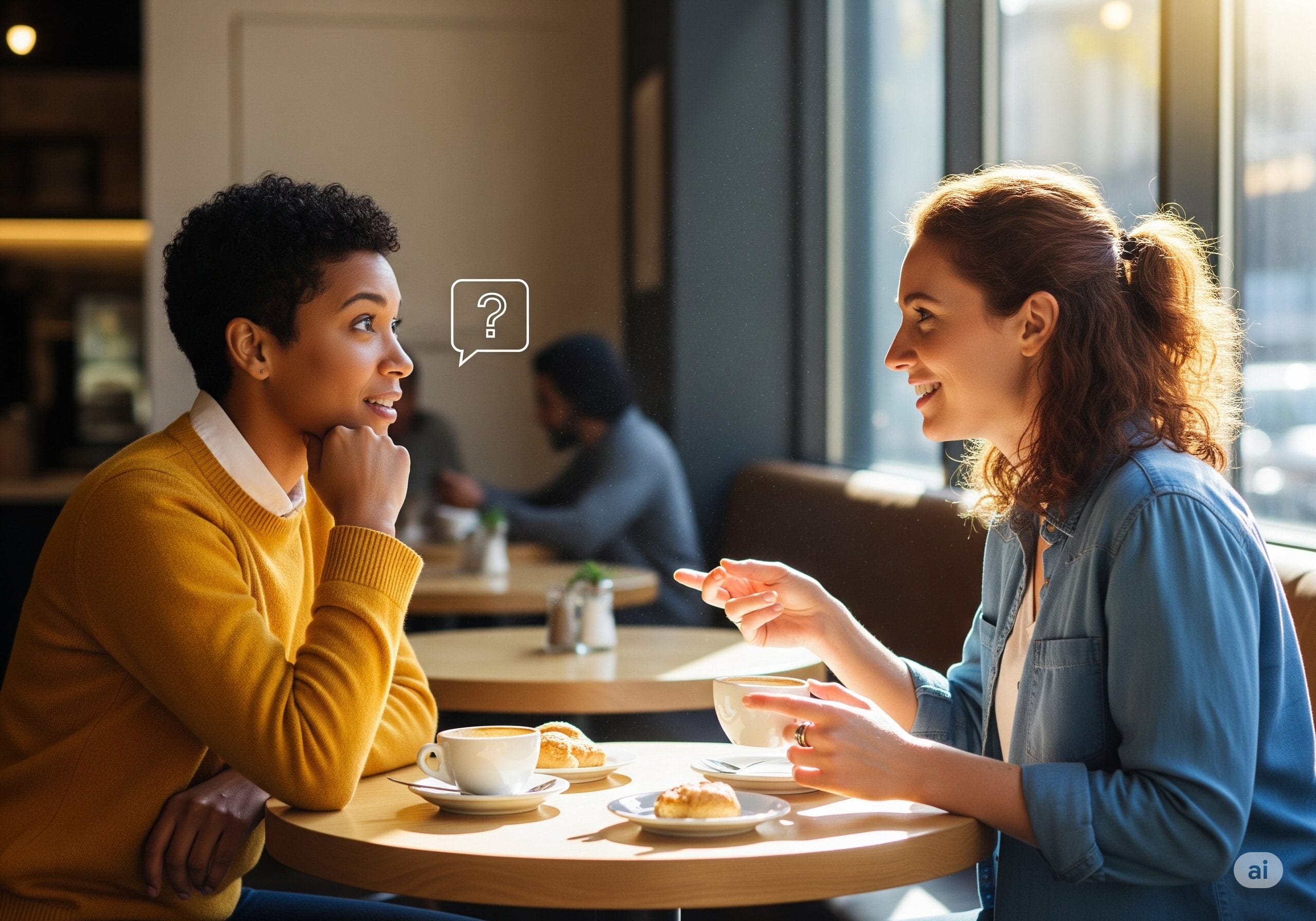 カフェで会話する友人同士。一人が好奇心旺盛な表情で相手の話を聞いている。