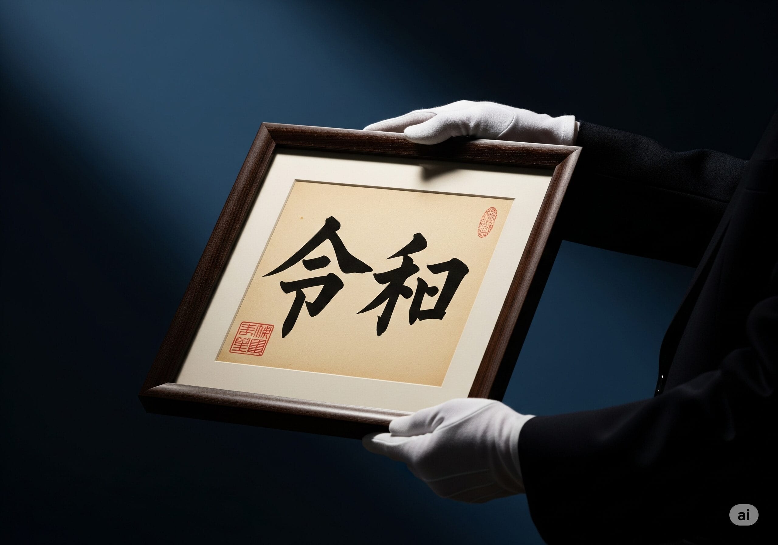 「令和」と書かれた書道を、白い手袋をはめた手が掲げている新元号発表の象徴的なシーン。
