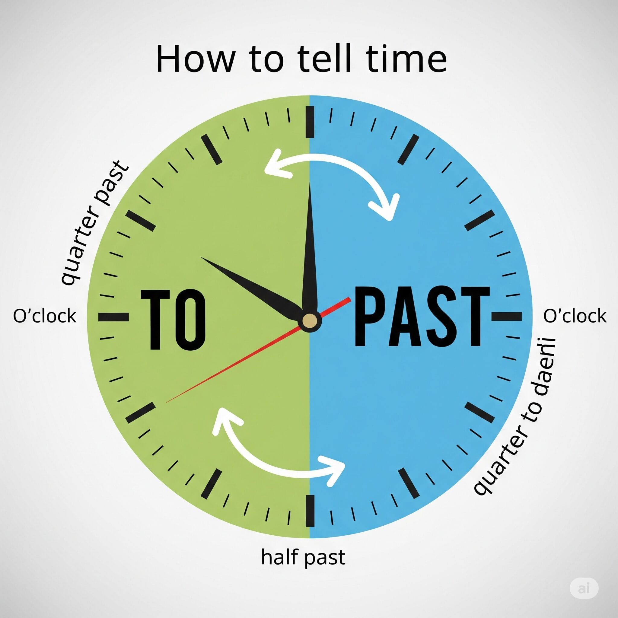 左半分に "TO"、右半分に "PAST"、矢印は "quarter past"、"half past"、"quarter to "を示す。.
