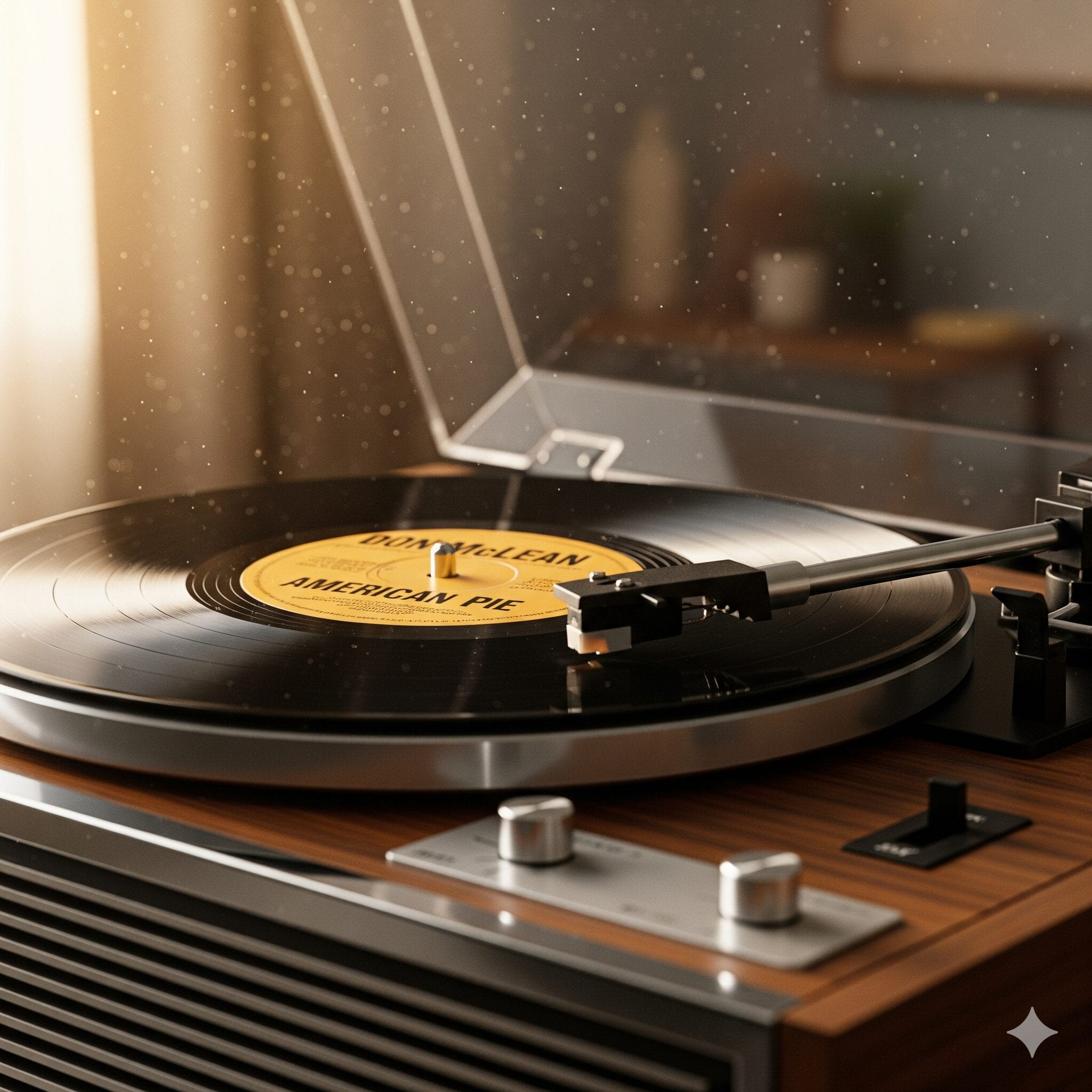 ドン・マックリーンのアメリカン・パイのレコードがヴィンテージのレコードプレーヤーで再生されているノスタルジックな画像
