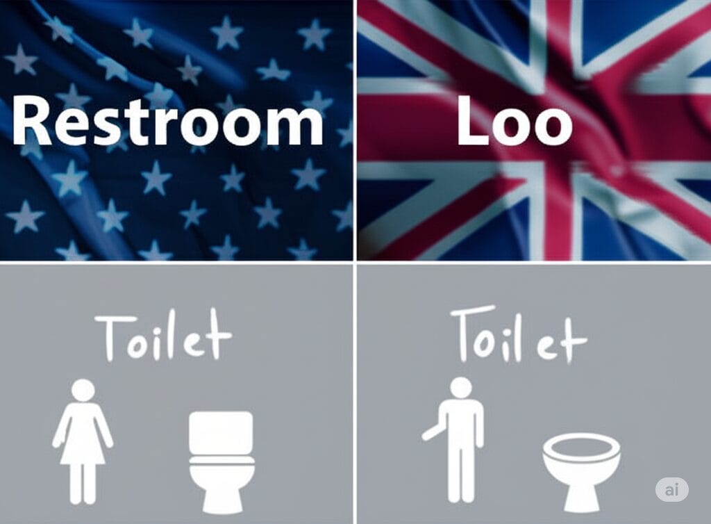 アメリカ国旗とイギリス国旗を背景に、それぞれの国で使われる「トイレ」の英単語を比較したインフォグラフィック