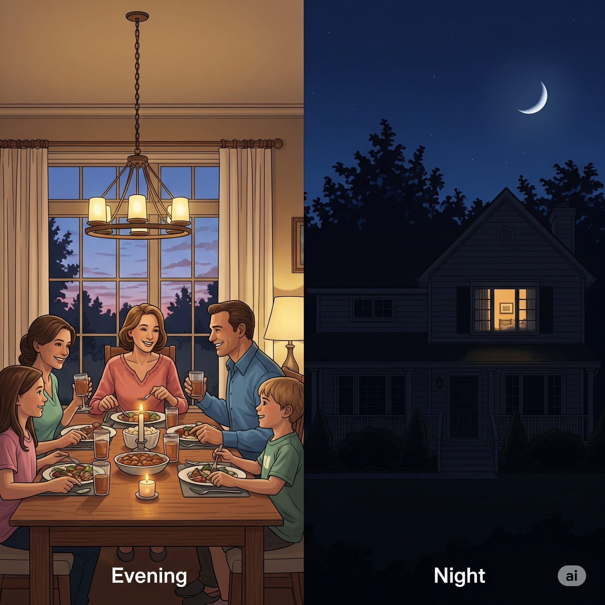左に「Evening」として家族で夕食を食べる風景、右に「Night」として暗い家と月が描かれたイラスト。