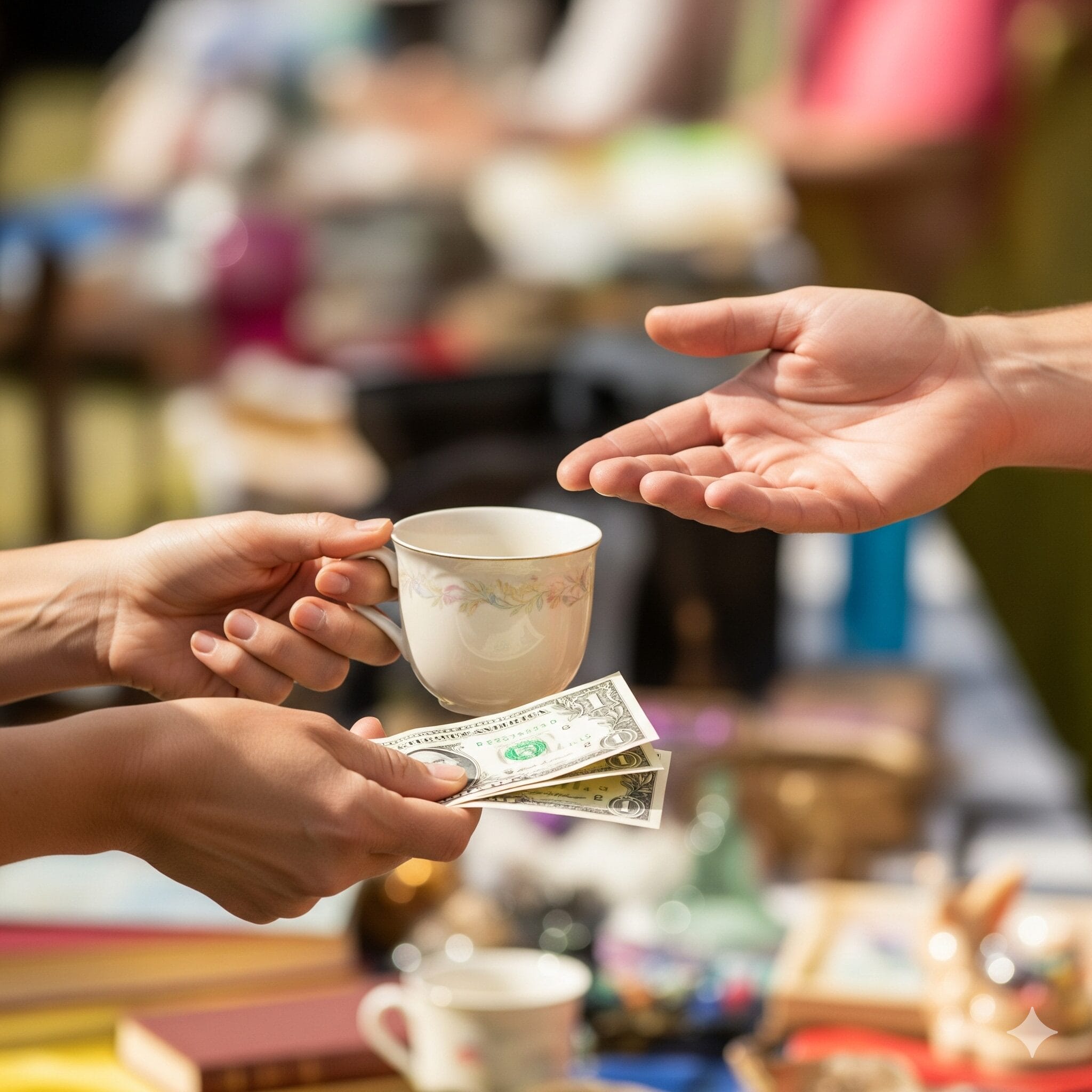 ヤードセールでコーヒーカップを手に取り値段交渉をしている様子