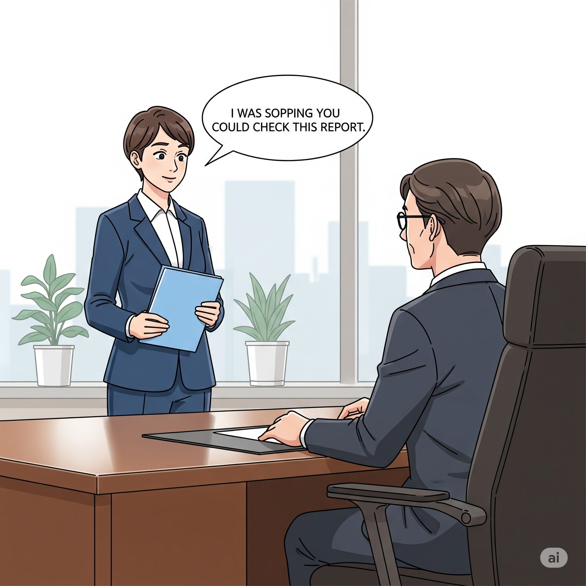 ビジネスシーンで部下が上司に丁寧にお願い事をしているイラスト。