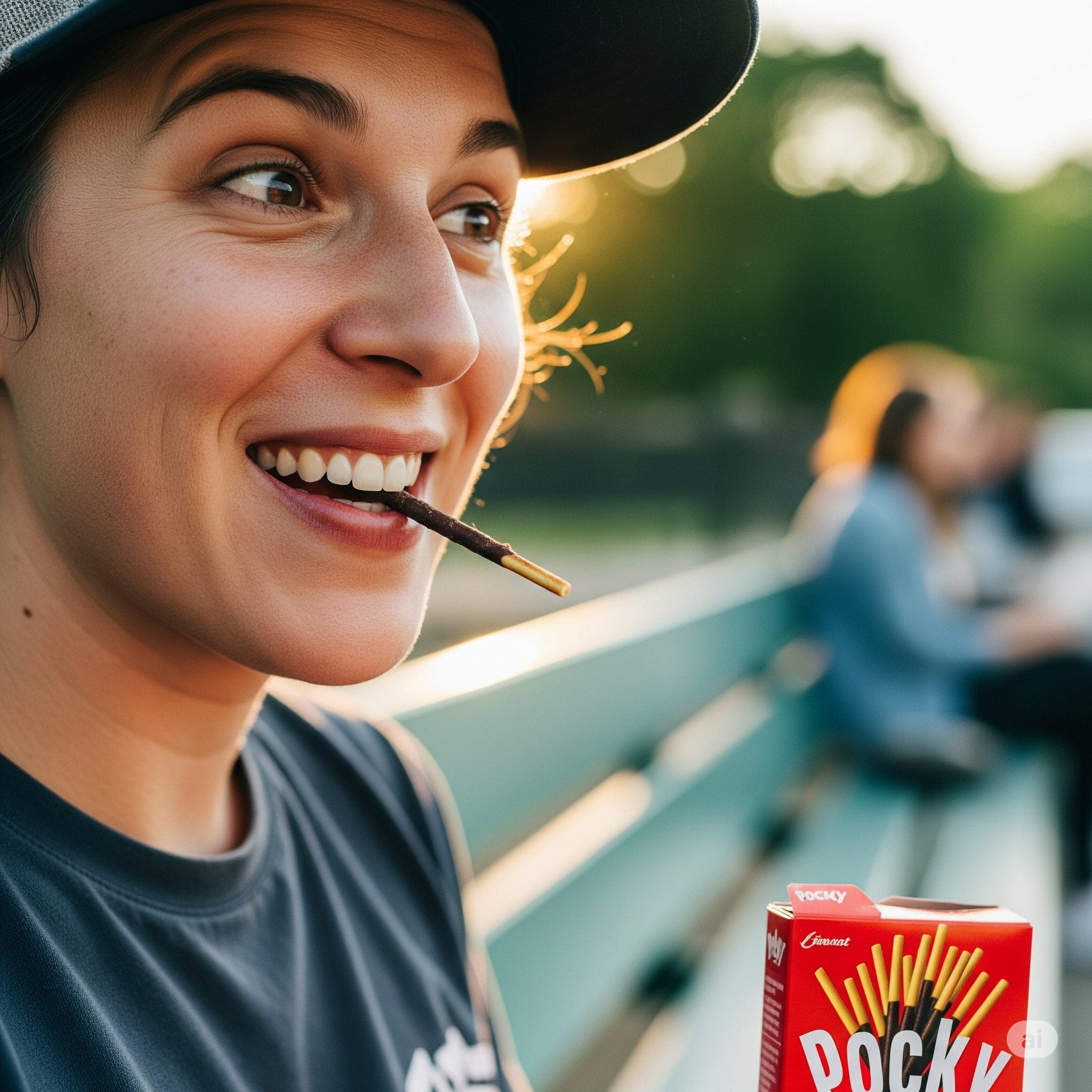 晴れた日に、外国人が満面の笑みでポッキーを食べている楽しそうな写真
