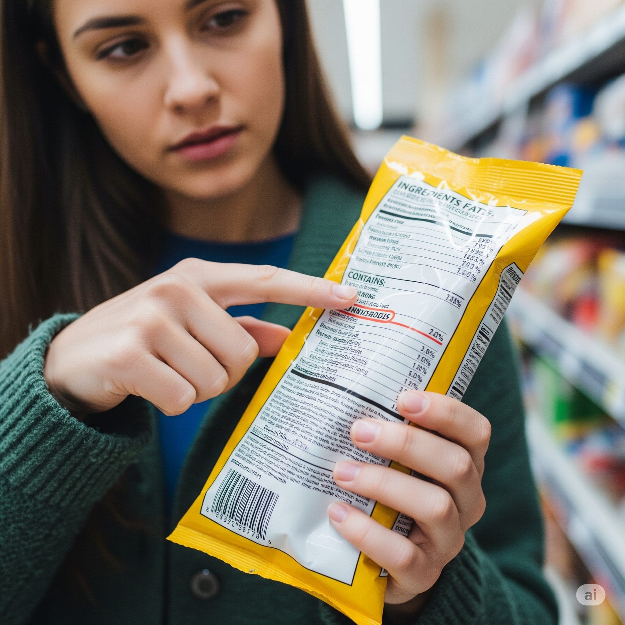 スーパーで食品パッケージ裏の原材料表示を指差して注意深く読んでいる人物のクローズアップ